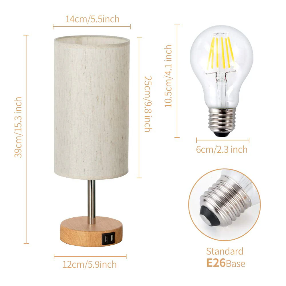 Maple Star Touch Control Table Lamp,Bedside Desk Lamp with 2 USB Port,Woodgrain Touch Control Table Lamp (LED Bulb Included)