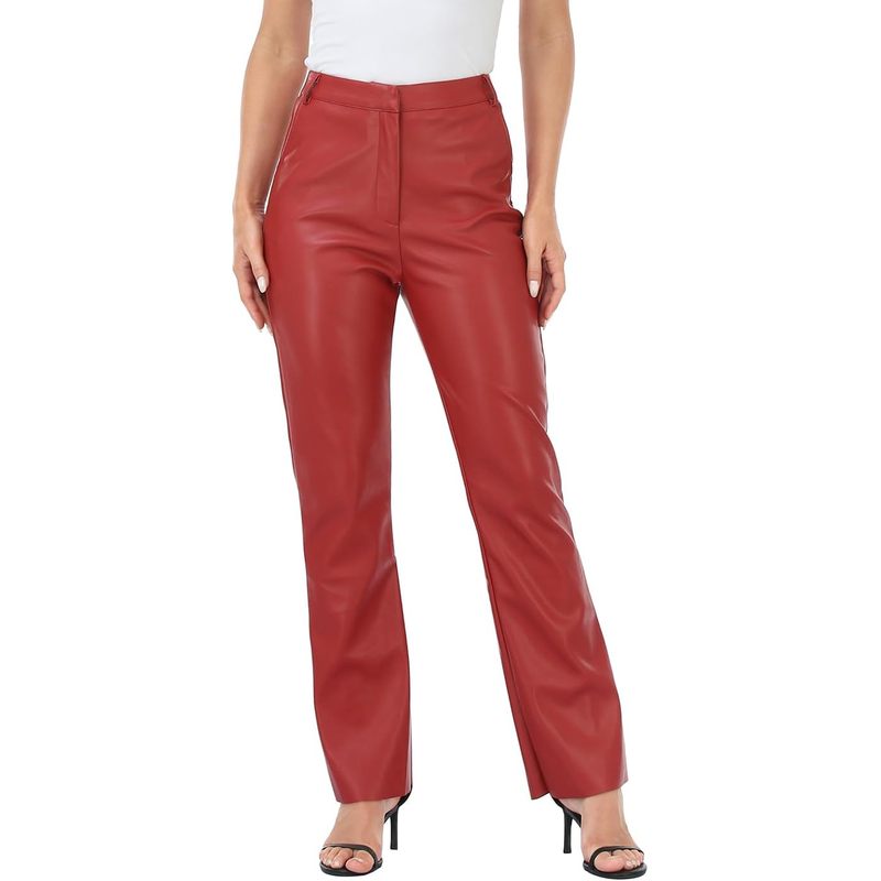 Women's Faux Leather Pants High Waisted Straight Leg Trousers with Pockets