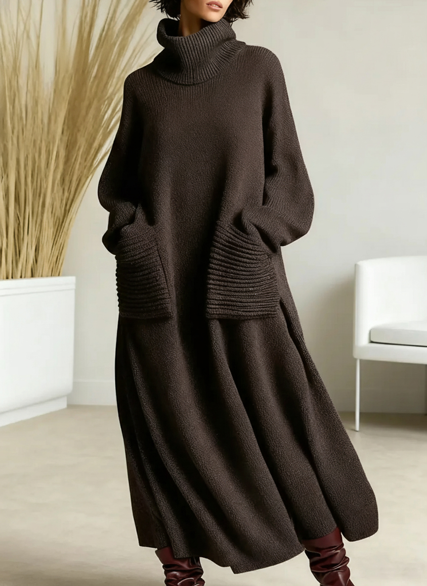 🎄 New Arrivals🔥 Women's Solid Color High-Neck Long-Sleeve Casual Loose Knit Dress