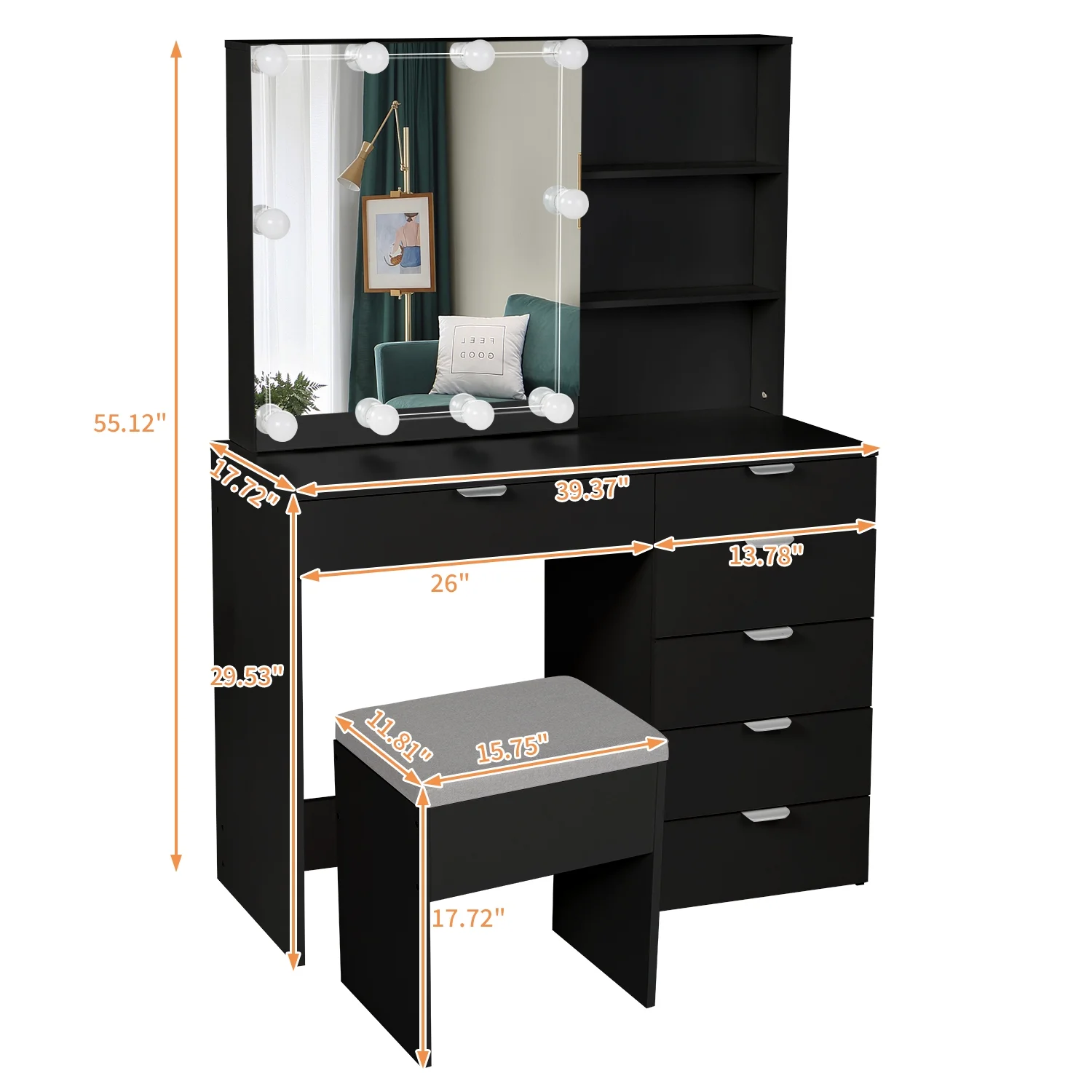 Ktaxon Vanity Set with 3 Color Lighted Mirror, Makeup Table with 6 Drawers, Dressing Table Makeup Desk with Stool,White