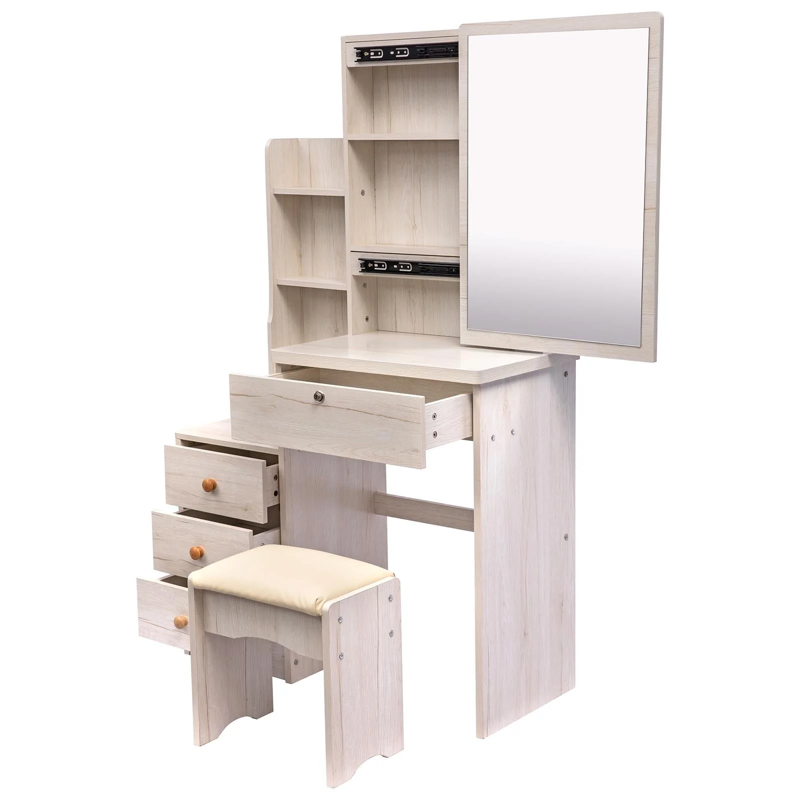 UBesGoo Vanity Set with Sliding Mirror, Makeup Vanity Dressing Table with 4 Drawers, Shelves, Dresser Desk and Cushioned Stool Set (White Oak Color)