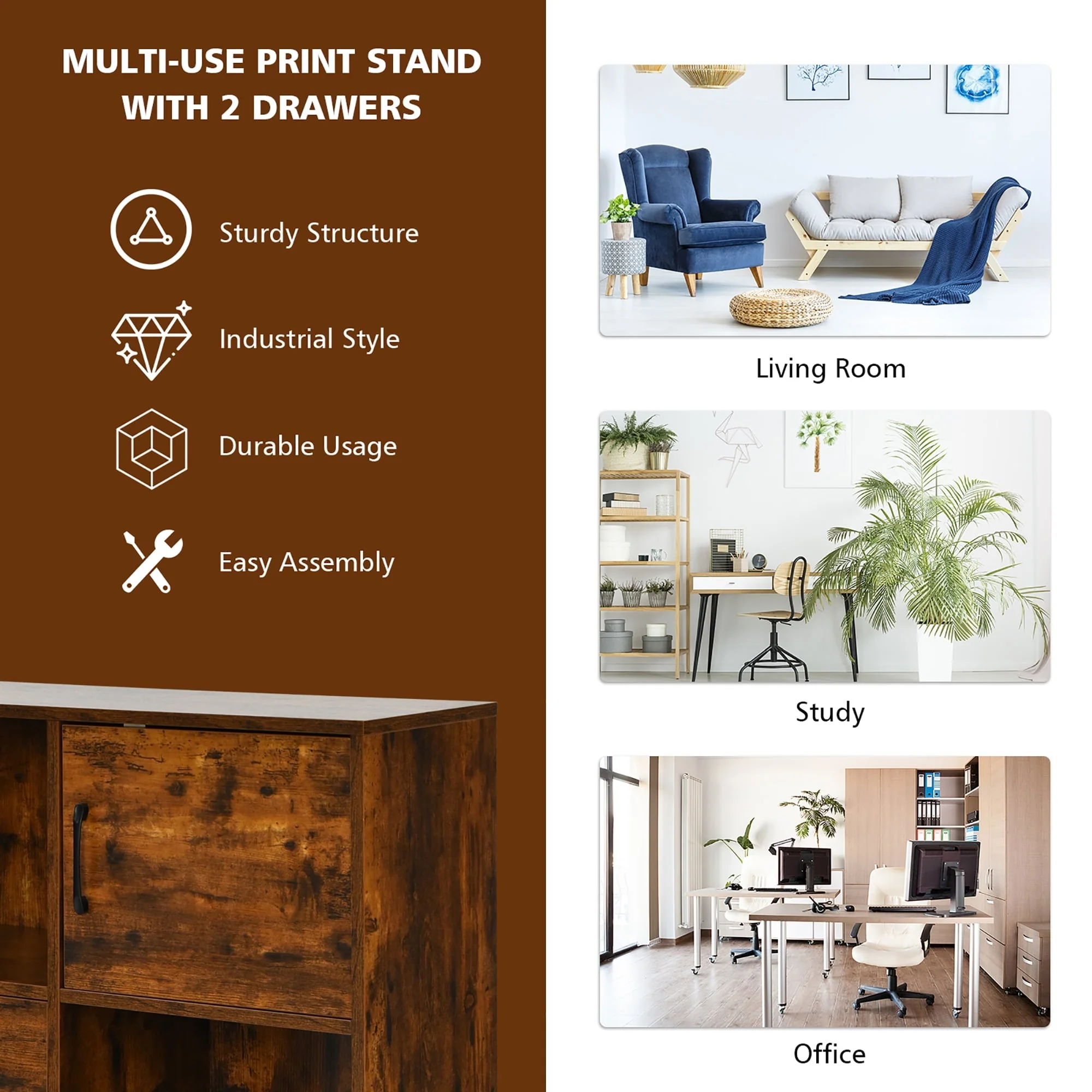 Costway File Cabinet Mobile Lateral Printer Stand with Storage Shelves Brown