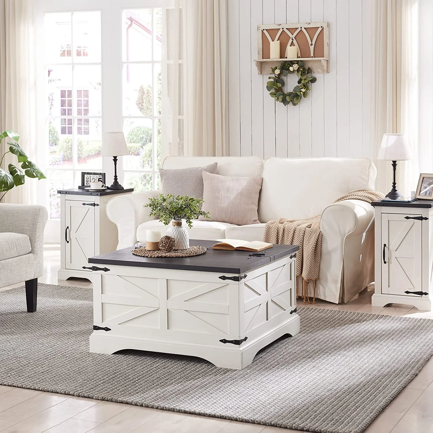 T4TREAM Farmhouse Nightstand with Charging Station, Wood End Table, White