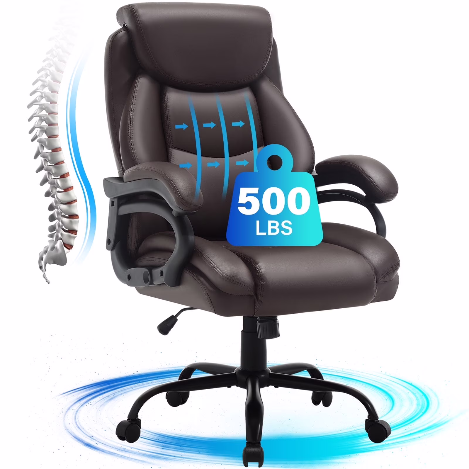 JONPONY Big and Tall Office Chair 500LBS Wide Seat Ergonomic Computer Desk Chair High Back Executive Leather Chair Adjustable Task Chair Lumbar Back Support 8 Hours Heavy Duty Design,Black