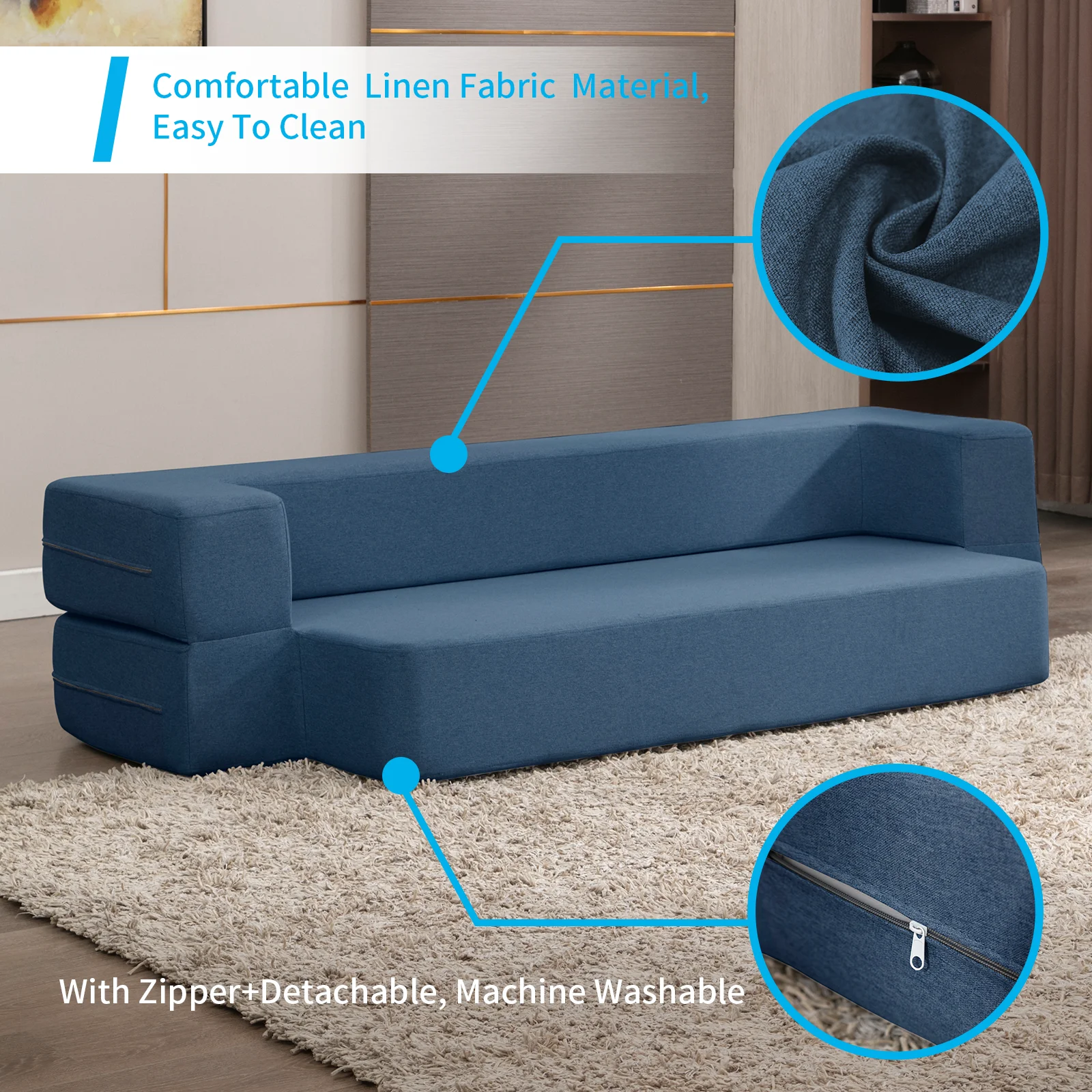 Mjkone Folding Queen Size Sleeper Sofa Bed,Convertible Couch Bed,Floor Foam Mattress, Linen Fabric,Memory Foam Futon Couches for Living Room/Bedroom/Office,Navy Blue