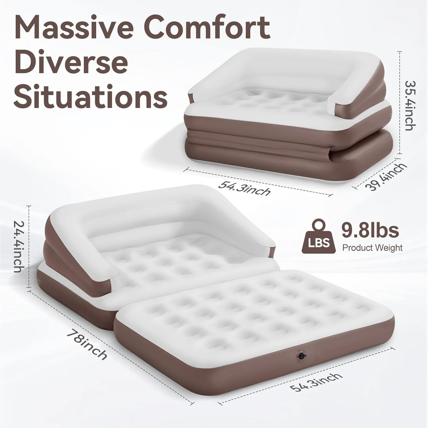 Full Size Air Mattress for Inflatable Portable Blow Up Mattress Sofa Bed with Flocked top-Double Air Couch for Tent Camping(Dark Brown)