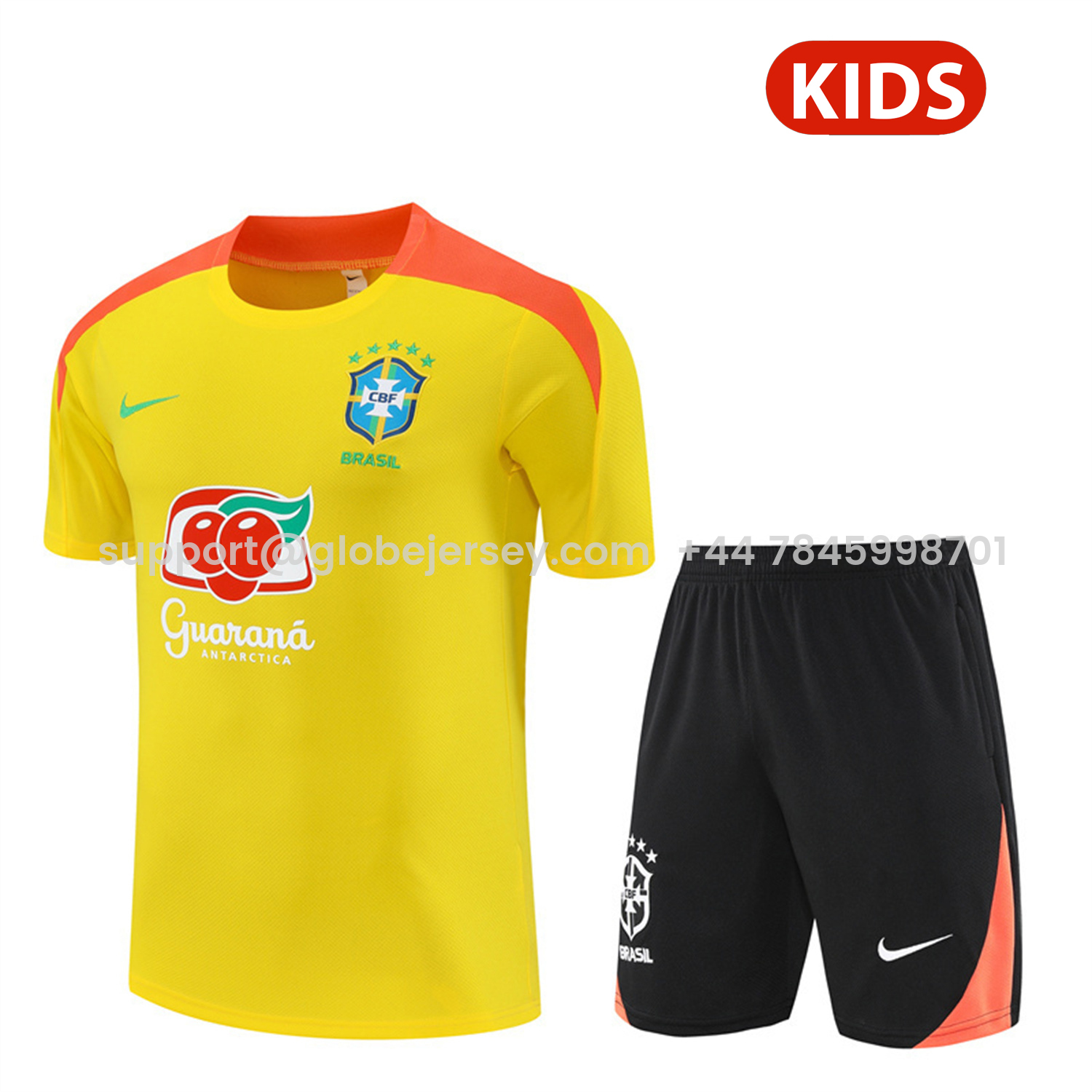 Brazil 25-26 Kids Short-Sleeve Training Set - Yellow Top & Black Shorts