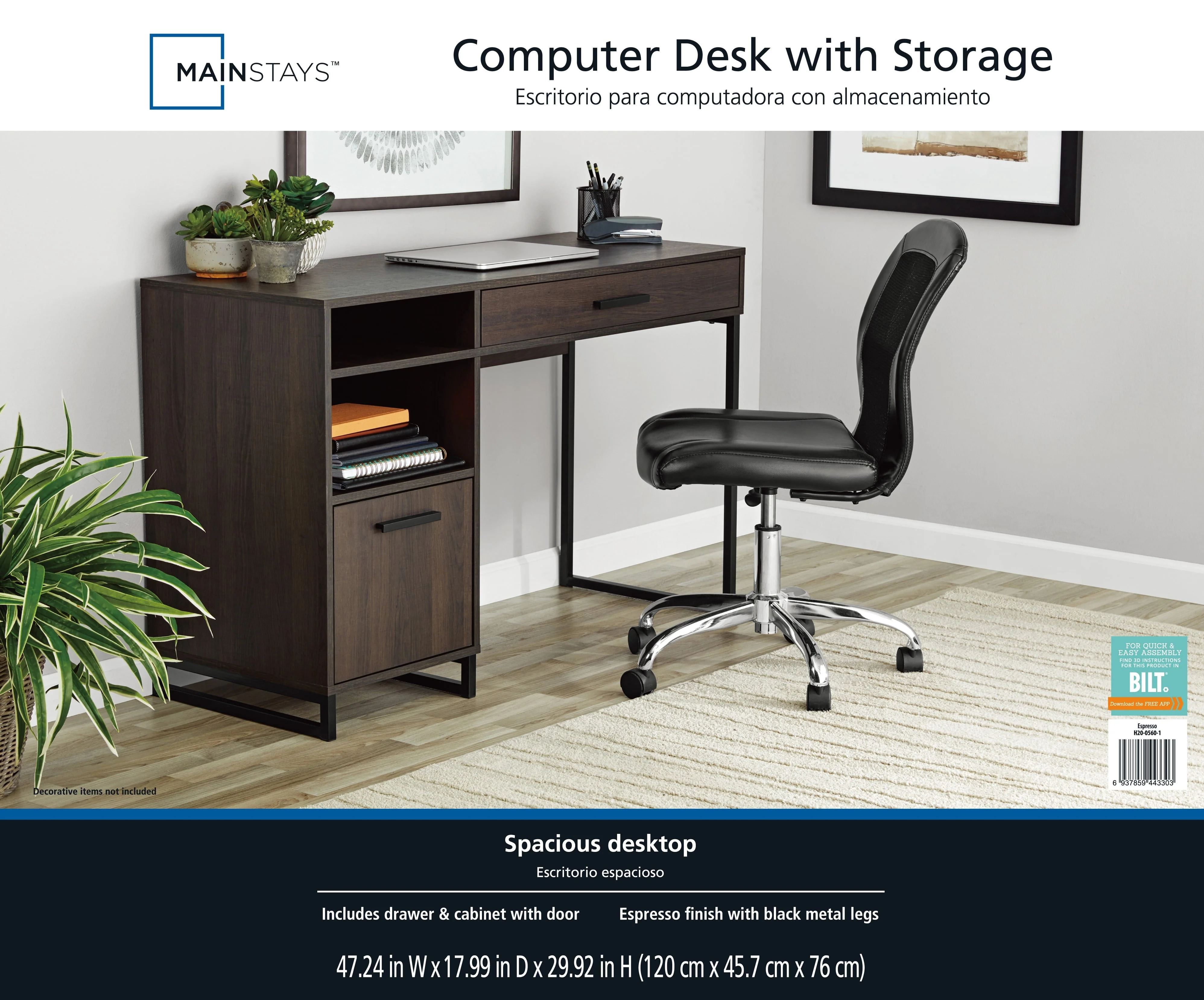 Mainstays Wood & Metal Writing Desk with 1 Drawer and 1 Door for Teens Adult, 29.92in, Espresso Finish.