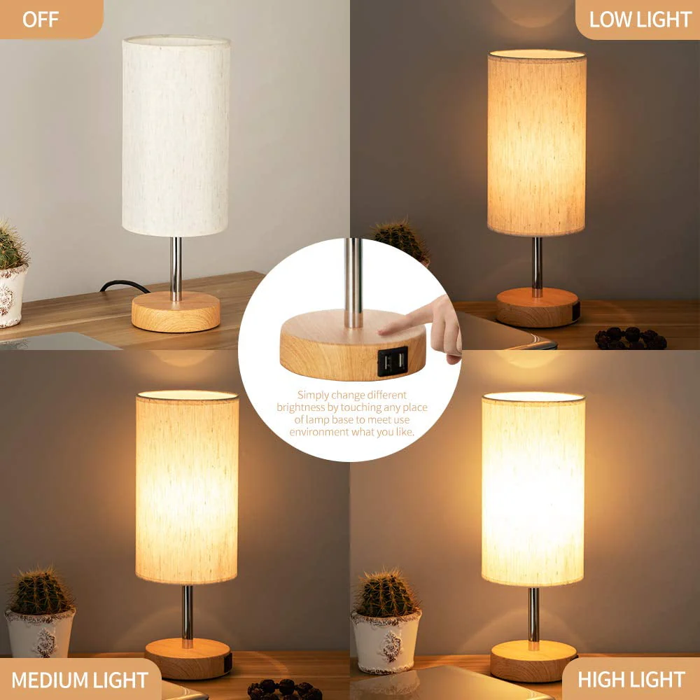 Maple Star Touch Control Table Lamp,Bedside Desk Lamp with 2 USB Port,Woodgrain Touch Control Table Lamp (LED Bulb Included)