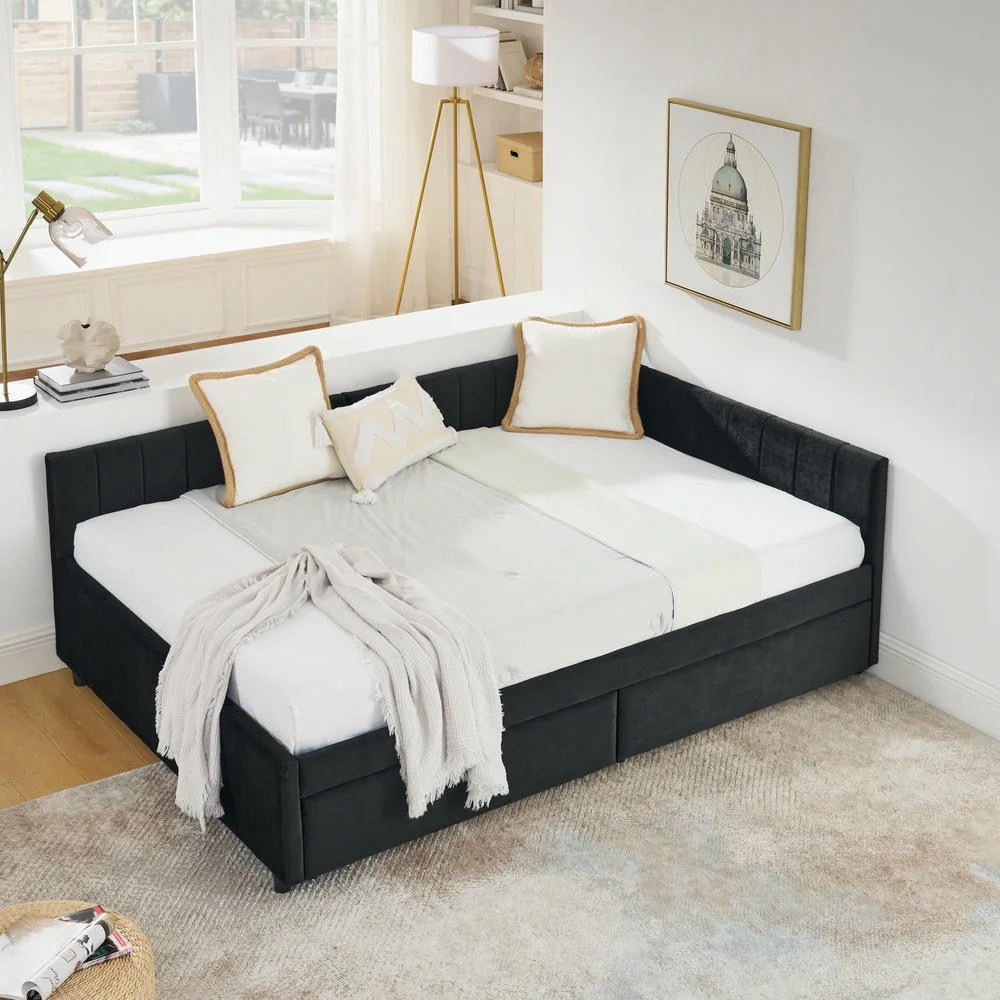 Barara King Sleeper Sofa Bed, Futon Couches Loveseat,Full Size Upholstered Tufted Bed Frame with 2 Drawers, Black