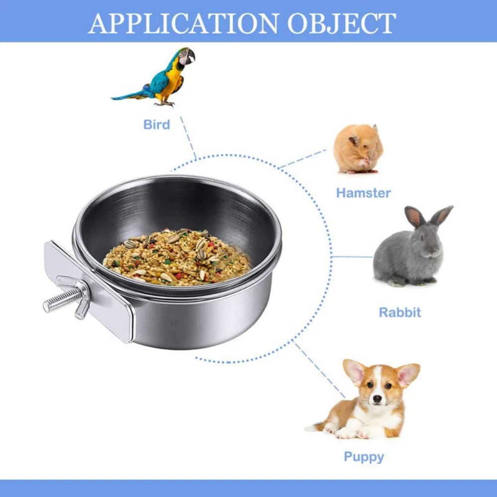Trianu 2 Pack Bird Feeding Dish Cups Parrot Stainless Steel Food Water Dish Platform Feeder Cage Bowl with Clamp Holder for Cockatiel Budgies Parakeet Macaw