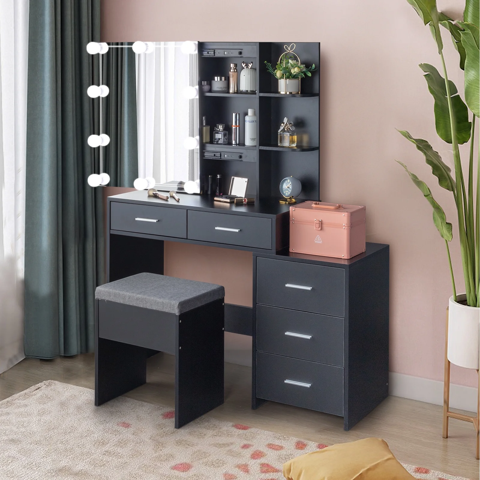 Ktaxon Flutted Makeup Vanity Table Set with 5 Drawer, Dressing Table w/Charging Station, Vanity Desk for Femal Gift, White