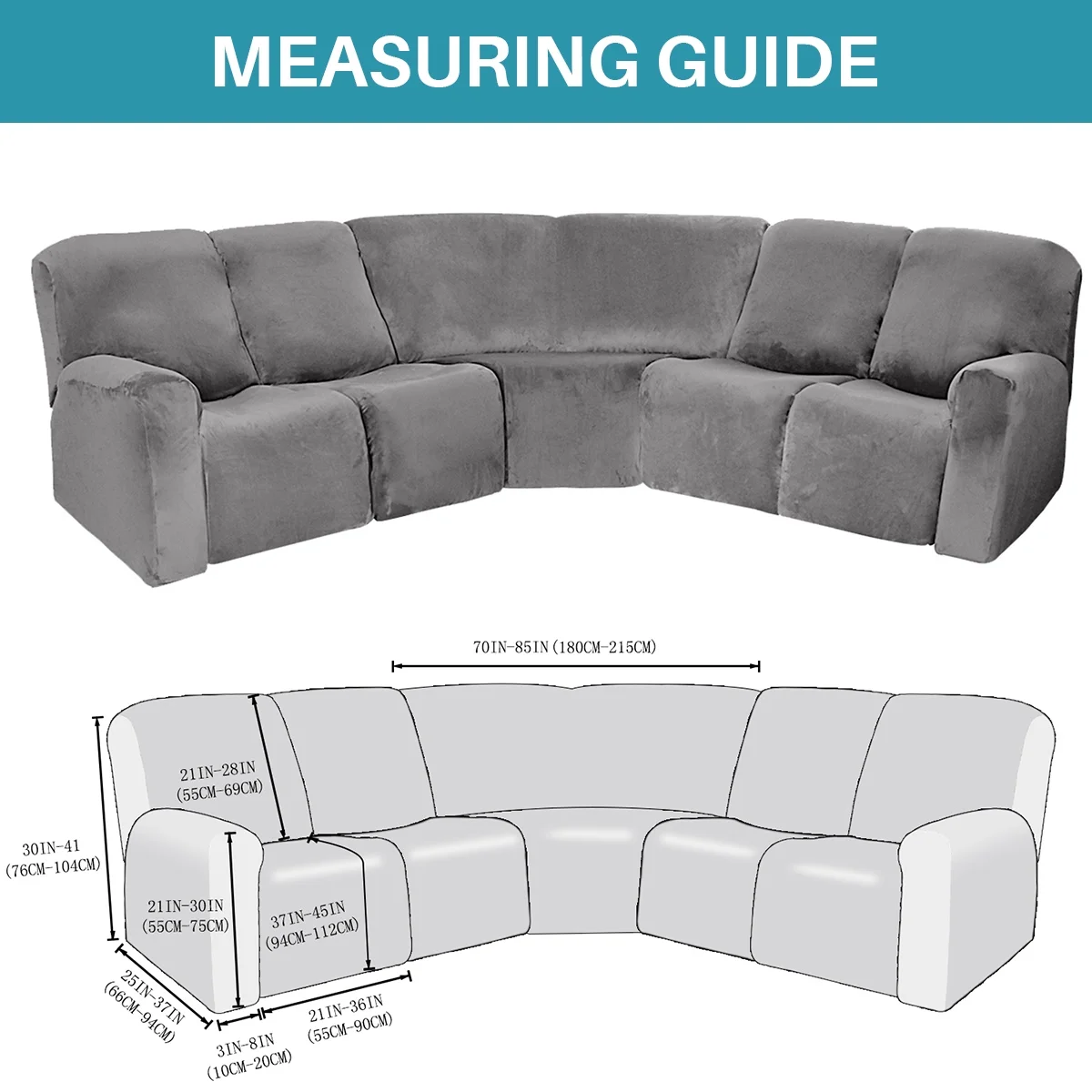 TOPCHANCES Sectional Recliner Sofa Covers, 7-Piece Velvet Stretch 5-Seat Corner Reclining Sofa Slipcovers, L-Shaped Sectional Couch Furniture Protector (Grey)