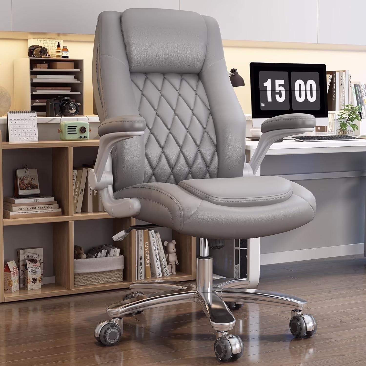 Solfway Big and Tall Office Chair 400LBS, High Back Black Leather Executive Office Chair, Computer Desk Chair with Adjustable Flip-up Arms, Wheels and Lumbar Support