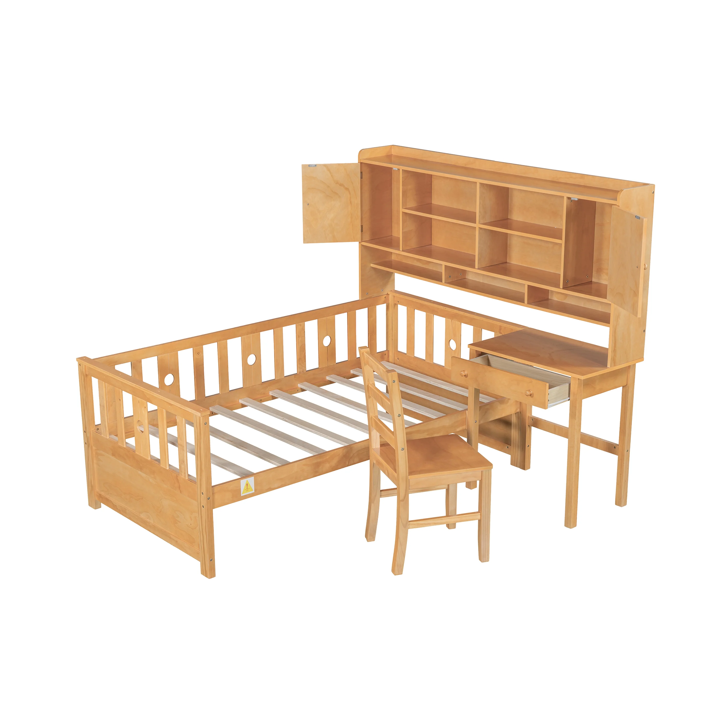 Euroco Wood Twin Size Platform Bed with Desk and Shelves, Table and Chair Set for Kids, Natural