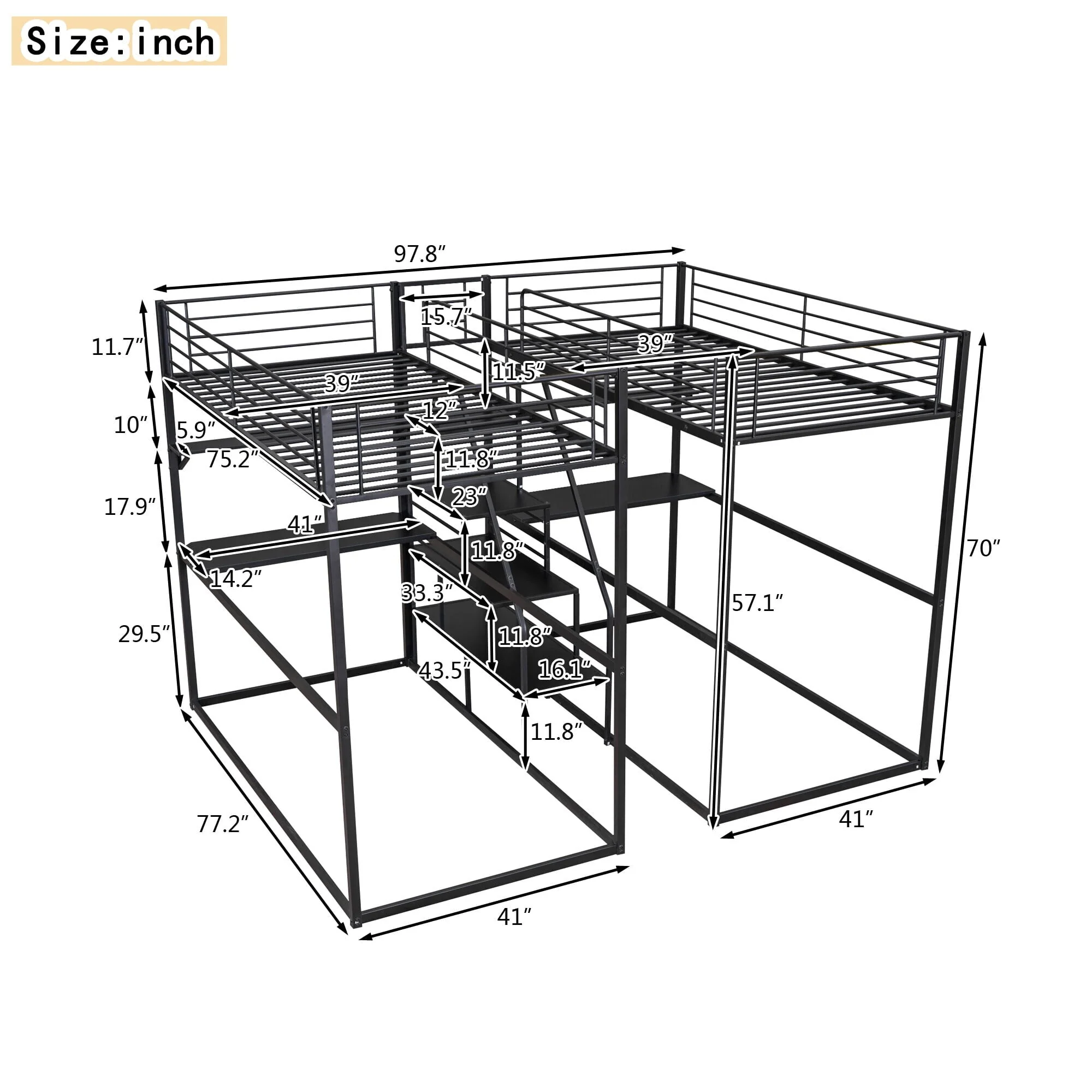 DreamBuck Double Twin over Twin Metal Bunk Bed with Desk, Shelves, and Storage Staircase, Black