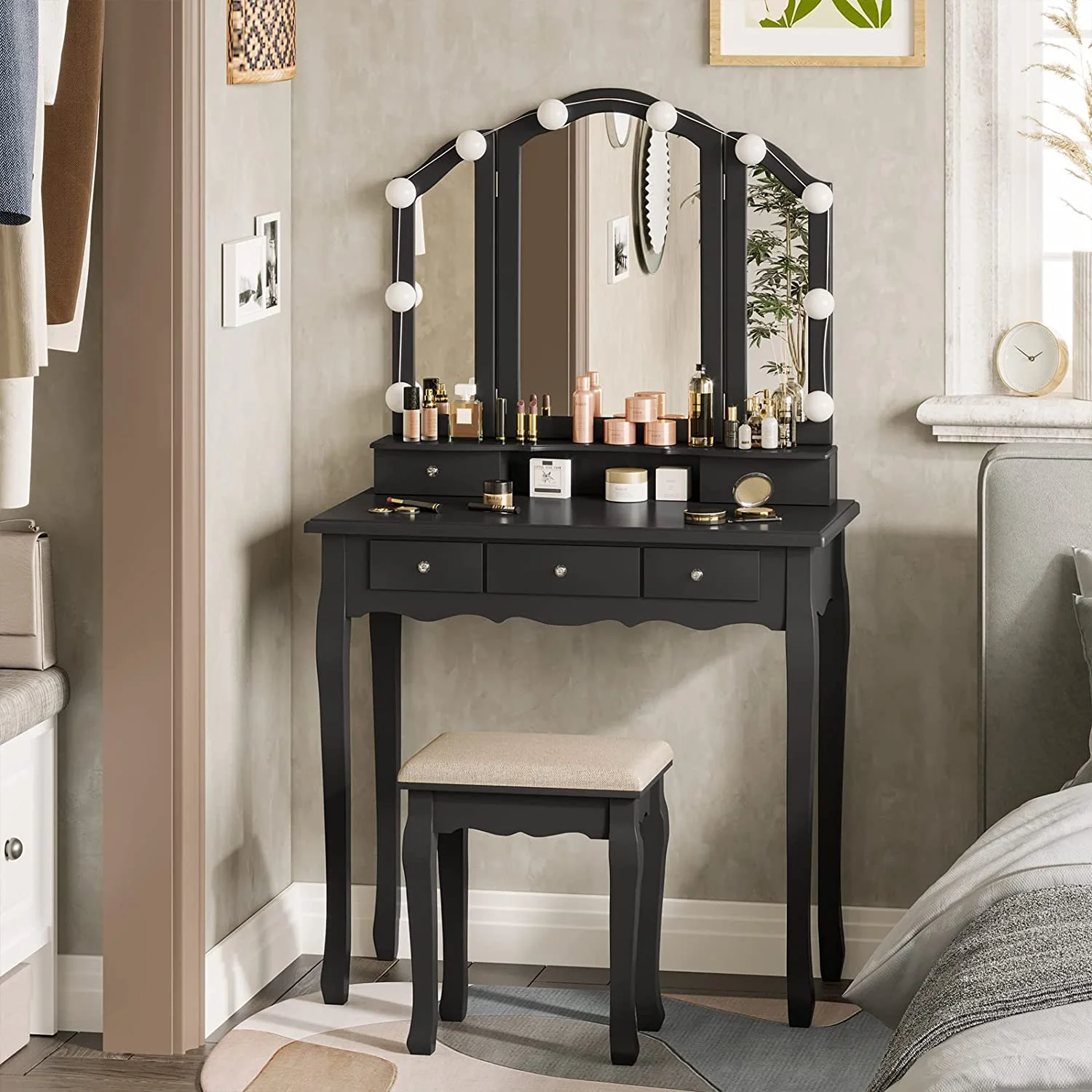 Afuhokles Vanity Table Set with Lighted Tri-Fold Mirror and Stool, Makeup Vanity Dressing Desk 5 Drawers, White