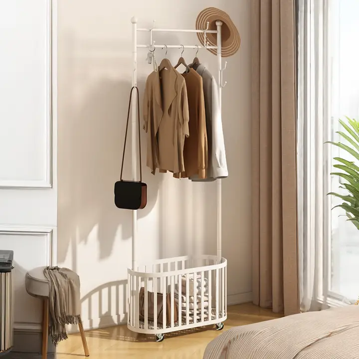 Metal Rolling Garment Rack with Basket & Wheels