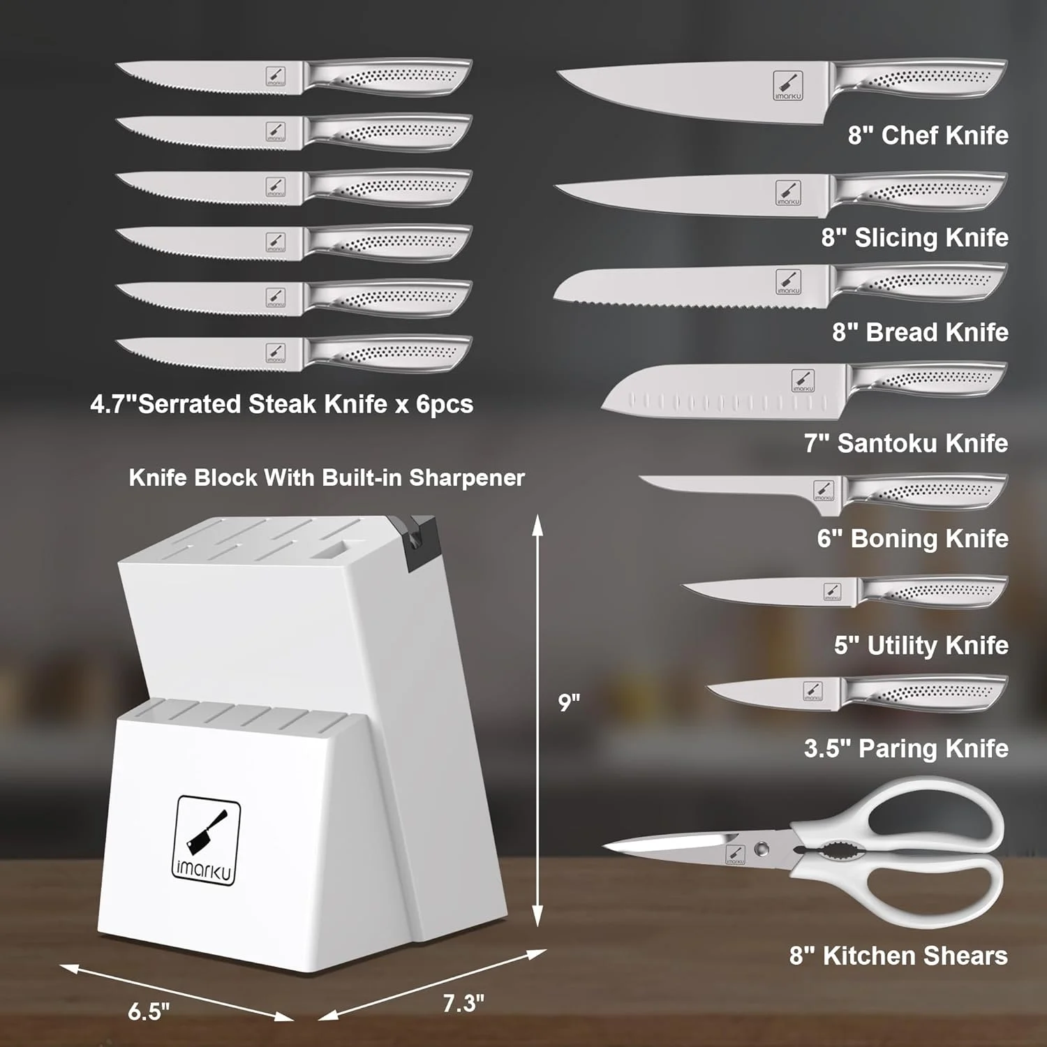 imarku Japanese HC Stainless Steel 15 Piece Kitchen Knife Set, Built in Sharpener, Sharp Knife Set with Point like Ergonomic Handle, Holiday Gift, Home Chef Knife, White