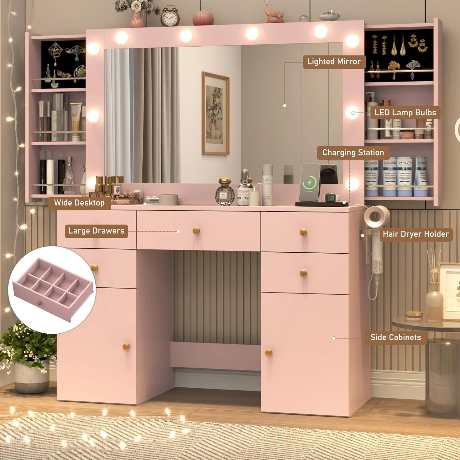 White Vanity Desk with Large Lighted Mirror & Power Outlet, Makeup Vanity Table with Glass Top & Drawers, Sliding Storage, 44.1