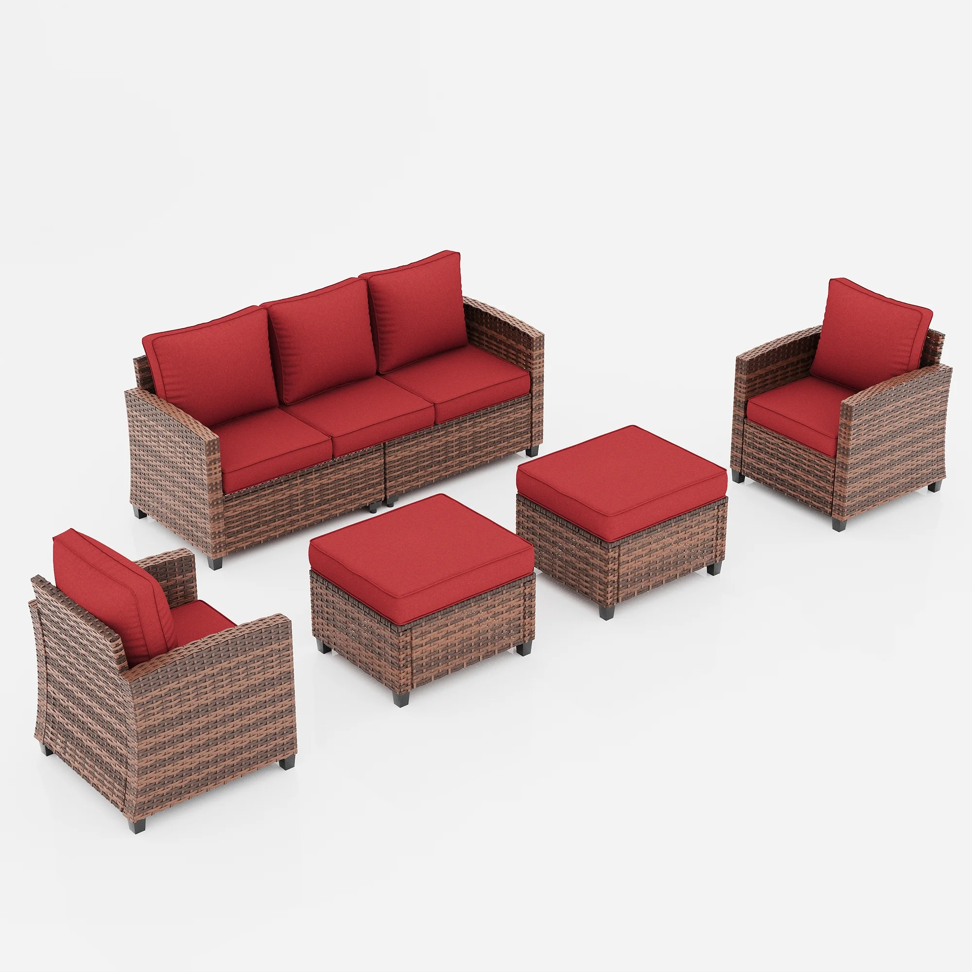 Poteban Patio Conversation Set, 5 Pieces Outdoor Furniture Set, All-Weather Wicker Rattan High Back Outdoor Sectional Sofa Set with Ottoman for Poolside, Backyard, Brown Wicker Wine Red Cushions