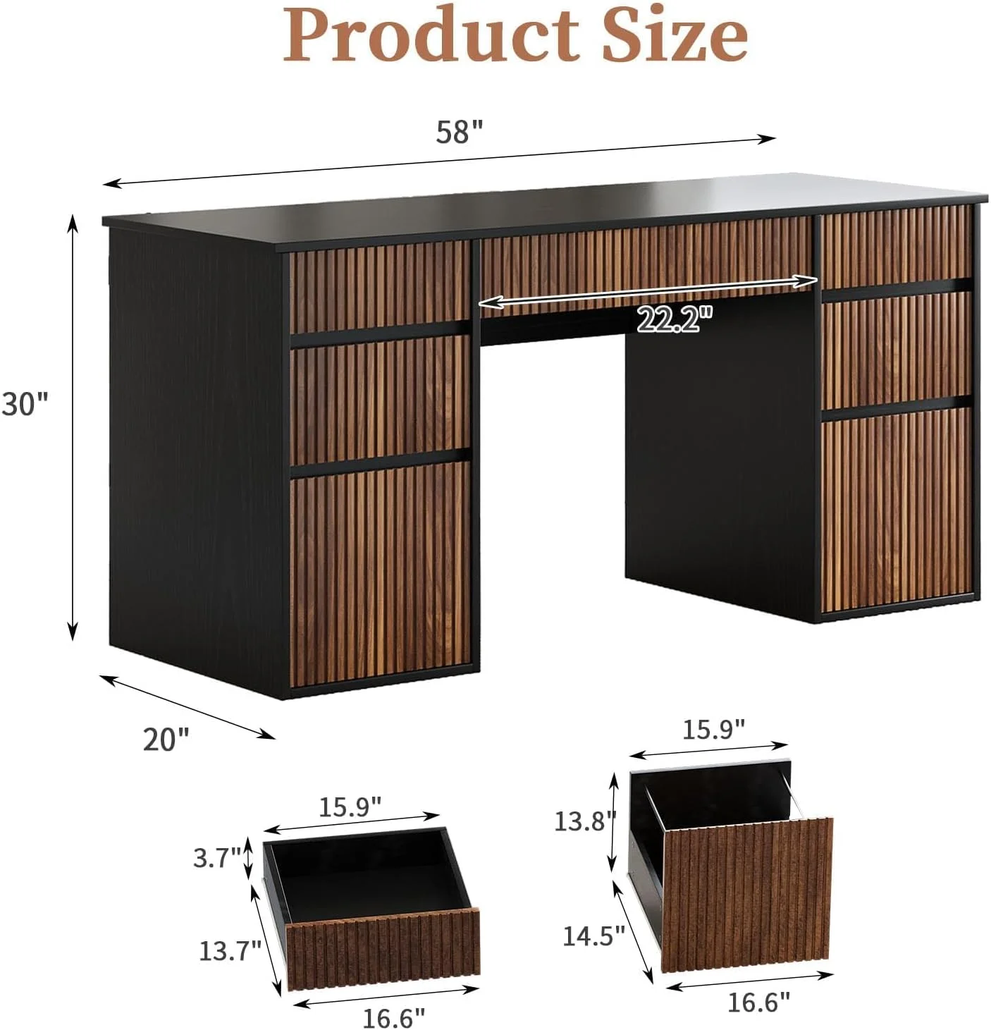 DreamCurship 58 Inch White Executive Desk, White Computer Desk with 7 Drawers, Home Office Desk for Work and Study, White and Walnut