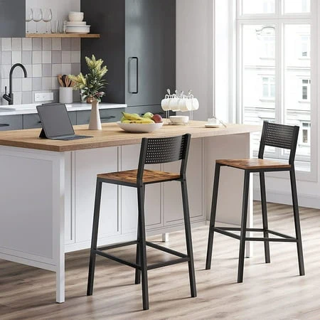 VASAGLE Bar Stools Set of 2 Bar Chairs Tall Bar Stools with Backrest Industrial in Party Room Rustic Brown and Black