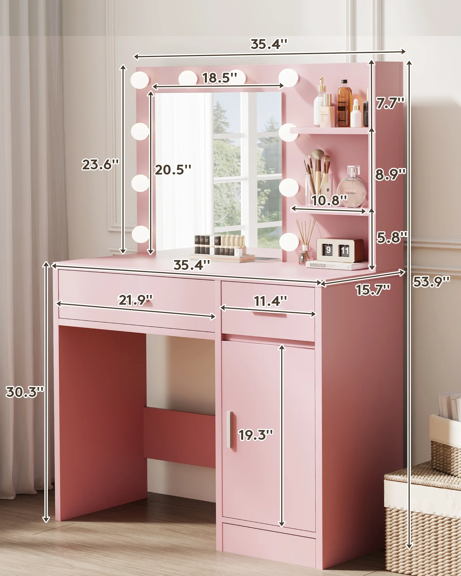 LIVELYGLOW Vanity Desk with Mirror and Lights, Makeup Vanity with Drawer & Storage Shelves, Cabinet, 3 Lighting Modes Adjustable Brightness,White