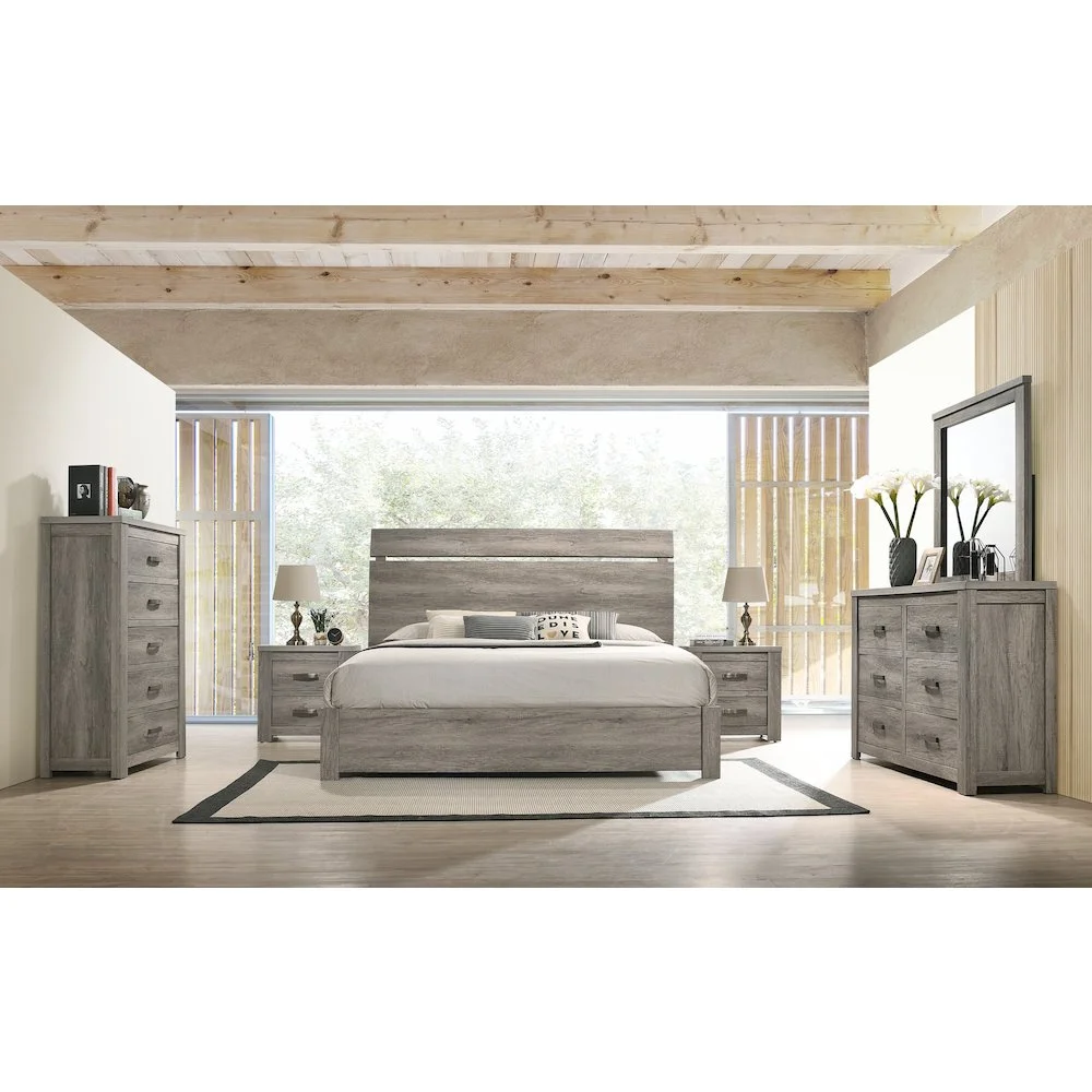 Roundhill Furniture living room Floren Contemporary Weathered Gray Wood Bedroom Set, King Panel Bed, Dresser, Mirror, Two Nightstands, Chest