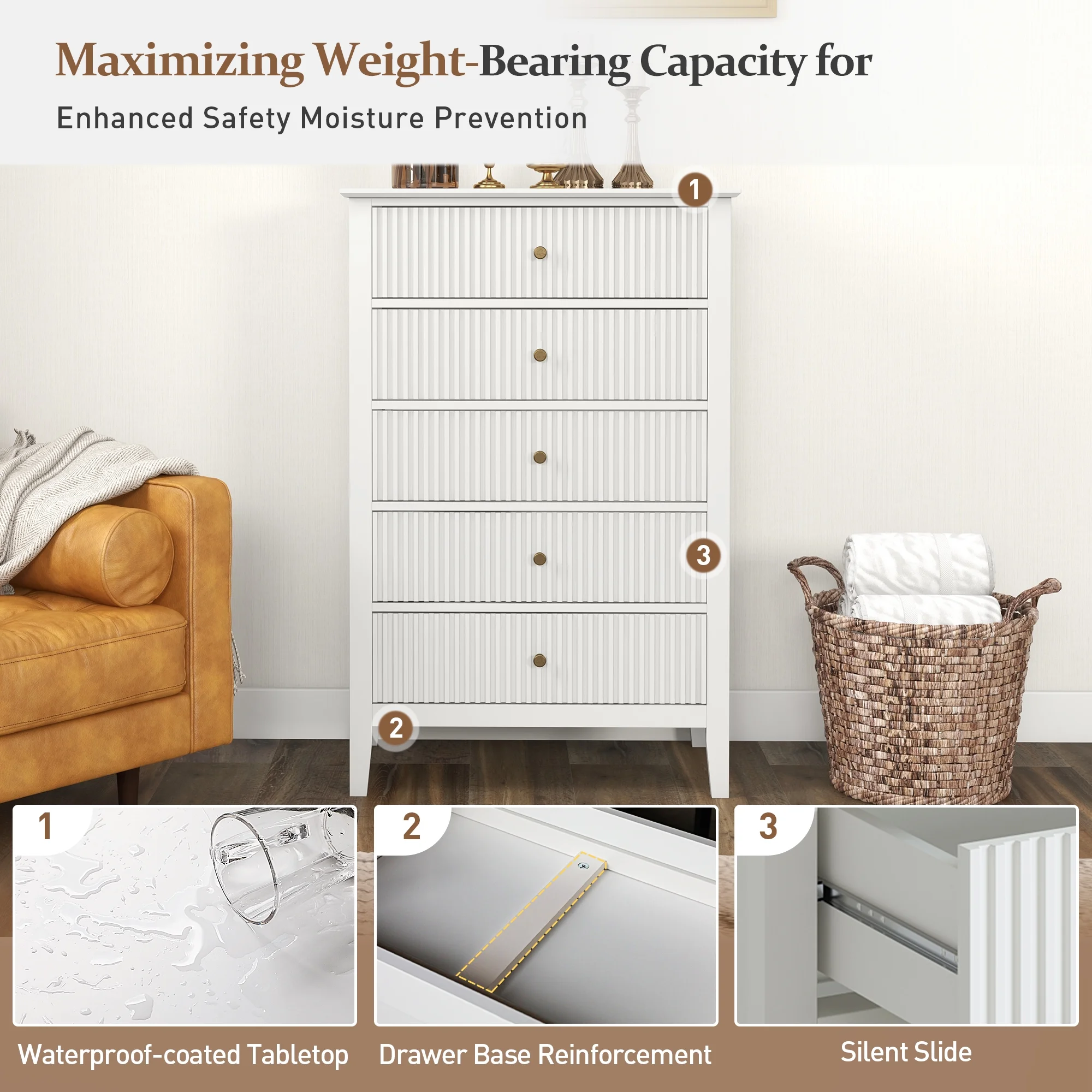 May Color Large White 3 Drawer Dresser Set of 2 with Fluted Panel, Modern Chest of Drawers with Silent Slide Drawers, Wood Accent Nightstand with Storage for Bedroom Living Room, Hallway