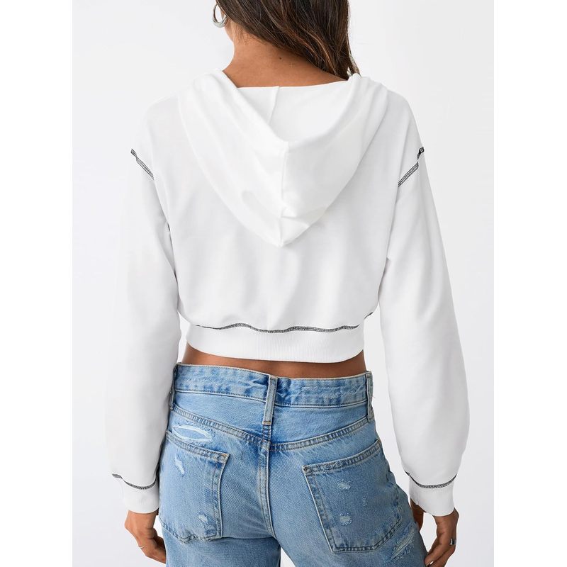 Women's Cropped Zip Up Hoodie Contrast Trim Long Sleeve Jacket