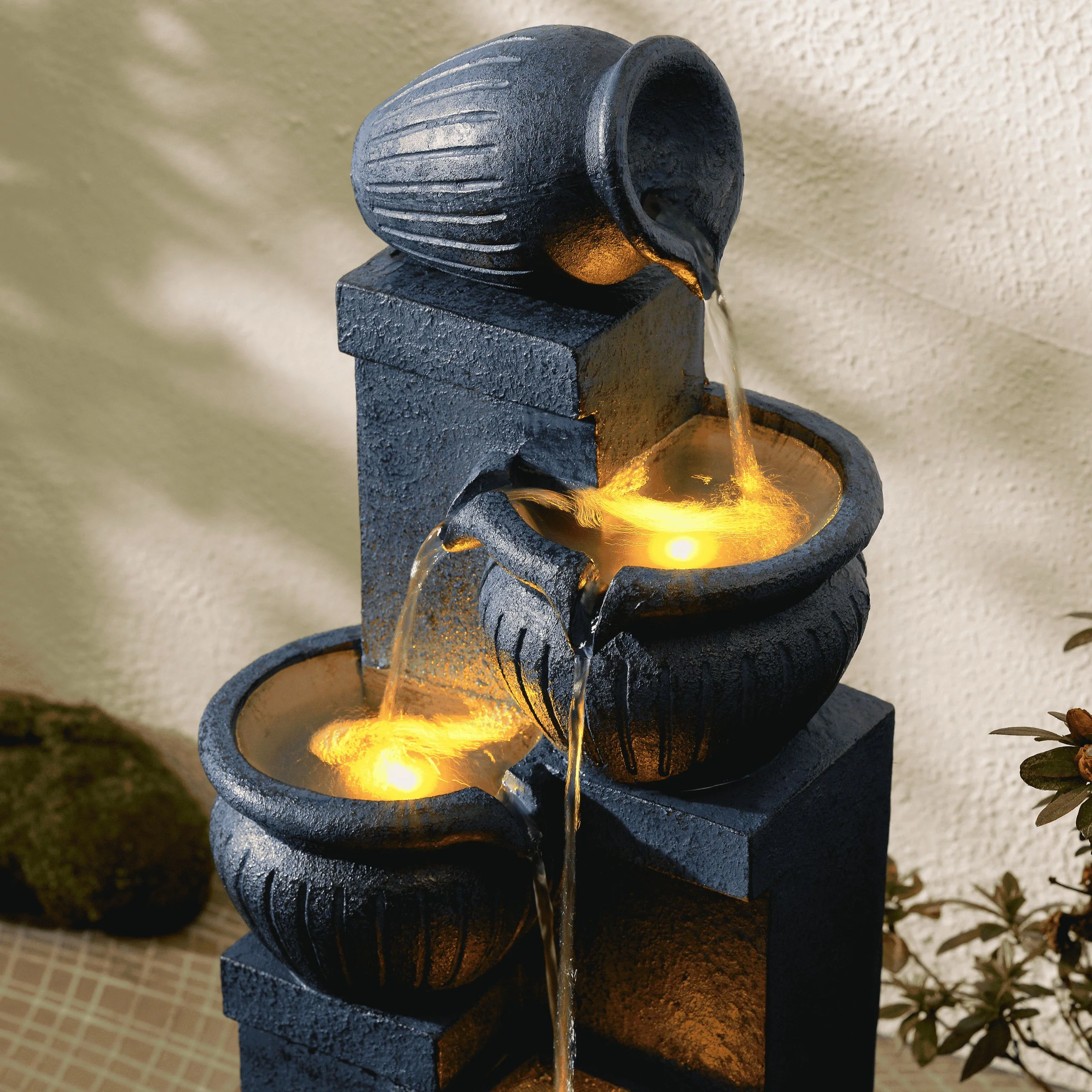 Teamson Home Outdoor Water Fountain with Lights�C 4-Tier Cascading Bowl Design with LED Light & Solar Pump, Solar-Powered Water Fountain Outdoor Garden, Yard, or Patio D��cor, Navy Blue