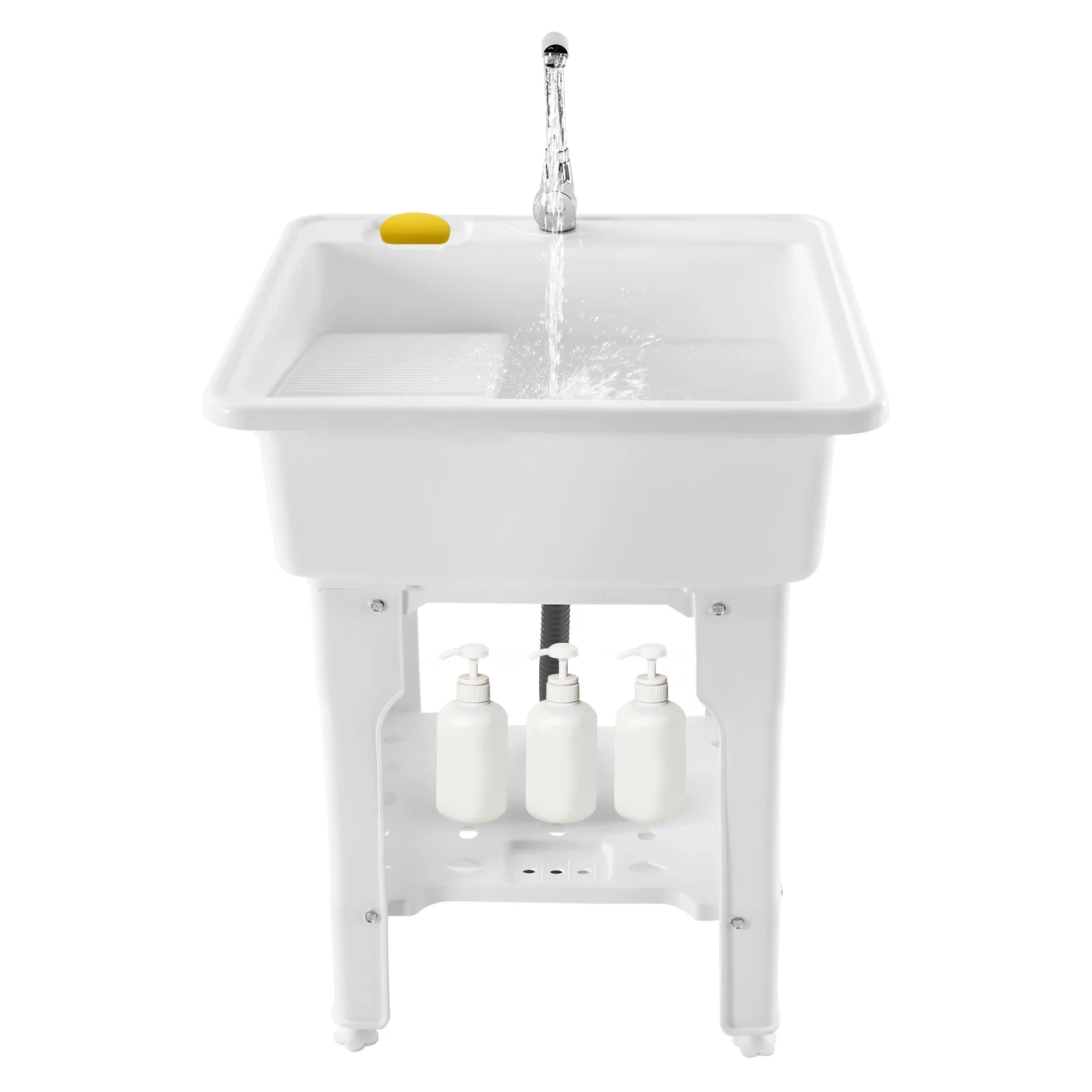 Freestanding Laundry Sink Plastic Basin Tub Utility Wash Bowl with Hot&Cold Faucet/Washboard for Sundry Rooms