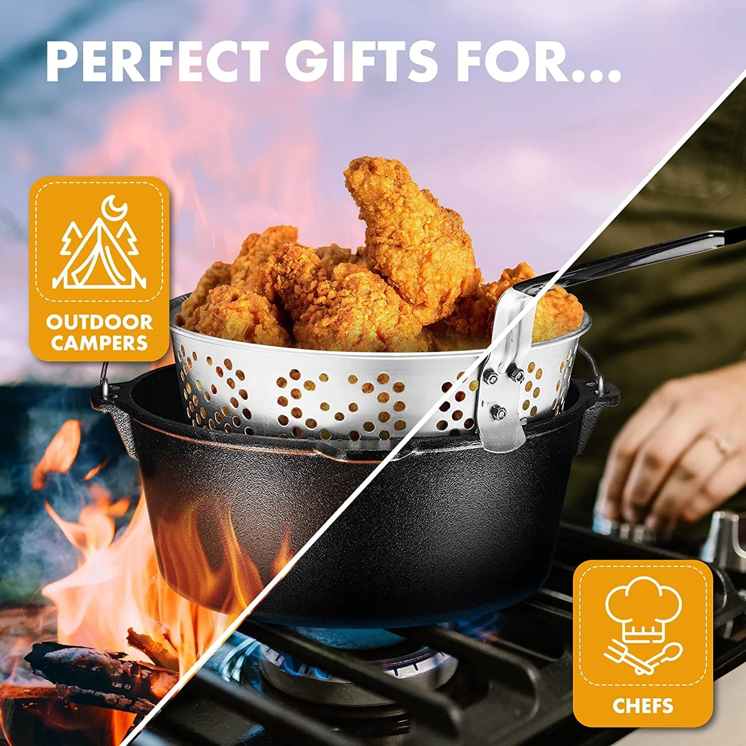Bruntmor | Pre-Seasoned Cast Iron Fish Fryer 9 Quart Stock Pot Dutch Oven