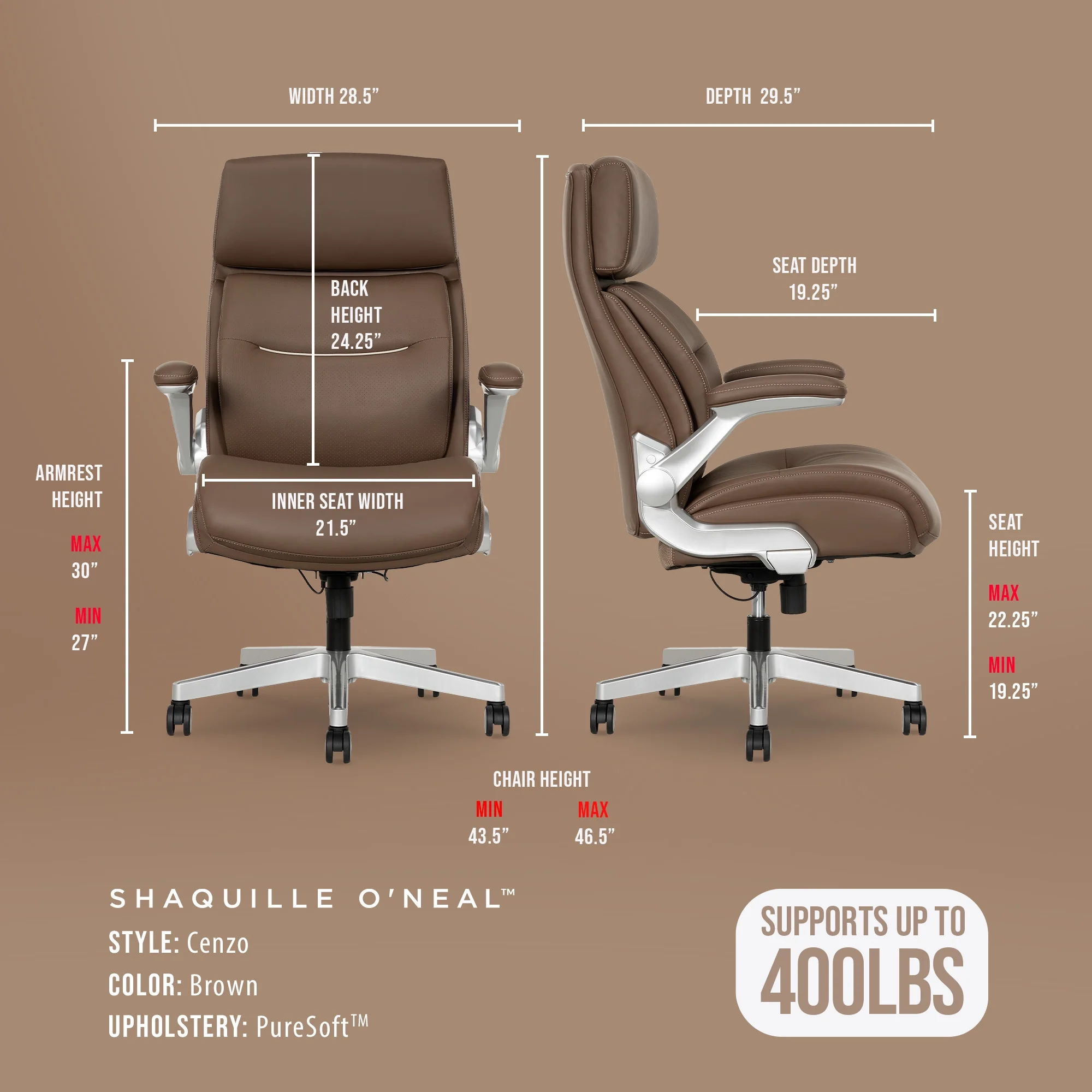 Shaquille O'Neal Cenzo Ergonomic Big and Tall Office Chair ,Flip-Up Arms PureSoft Upholstery High-Back Desk Chair with 400 lb Capacity, Black