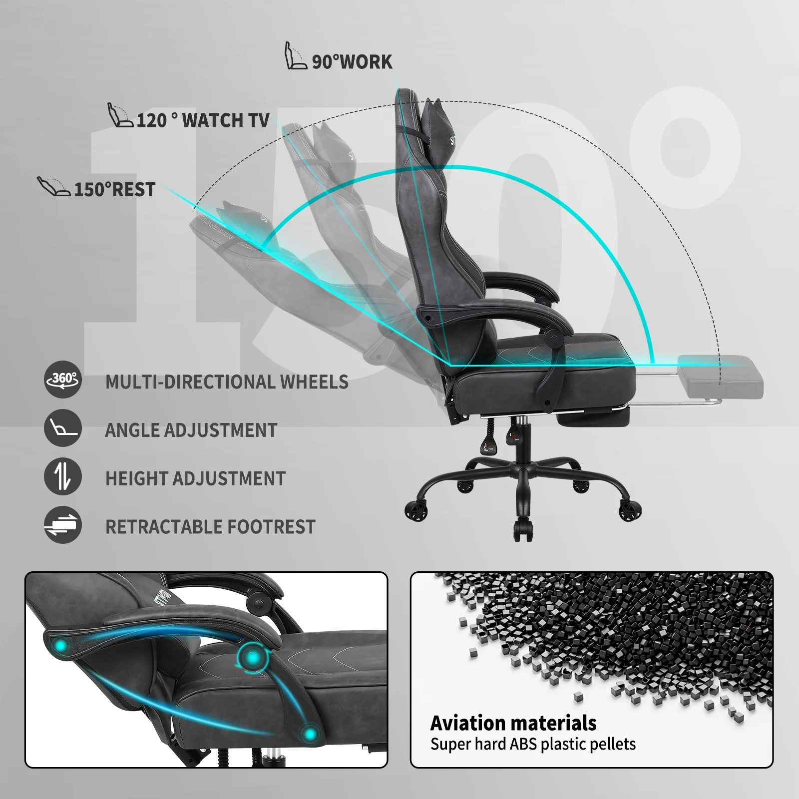 Ergonomic Gaming Chair with Footrest for Adults-PU Leather PC Computer Gaming Chair with 360 Swivel, Lumbar Support, and Headrest-Comfortable Video Gamer Chair for Long Sessions