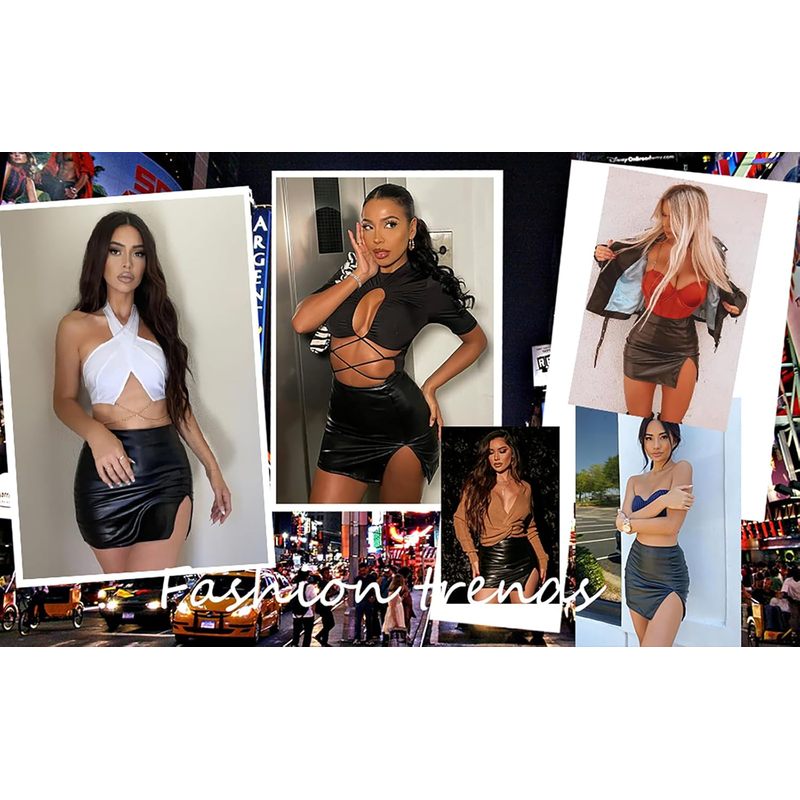 Women's Black Leather Skirts High Waisted High Side Slit Bodycon Mini Skirts