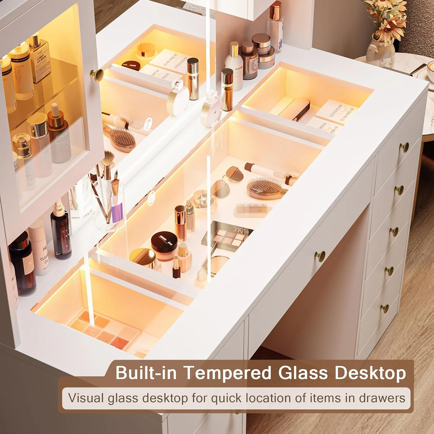 iPormis Vanity Desk with Mirror and Lights, Glass Top Makeup Vanity with RGB Light and  Charging Station for Girls , White