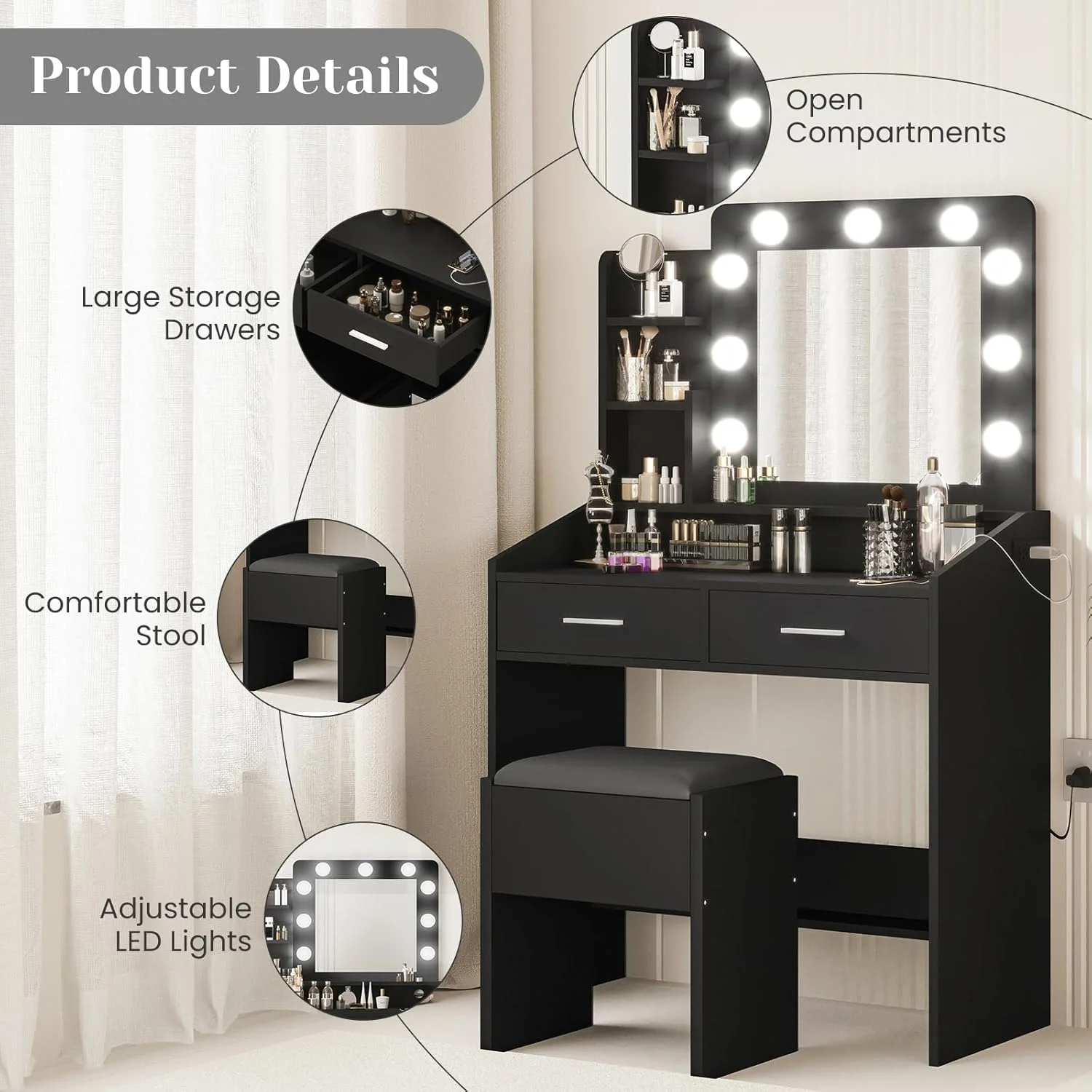 OYang Makeup Vanity with Lights, Vanity Desk with Mirror and Lights Set, Large Drawer and Two-Tier Lots Storage Cabinet, 3 Lighting Modes Adjustable Brightness