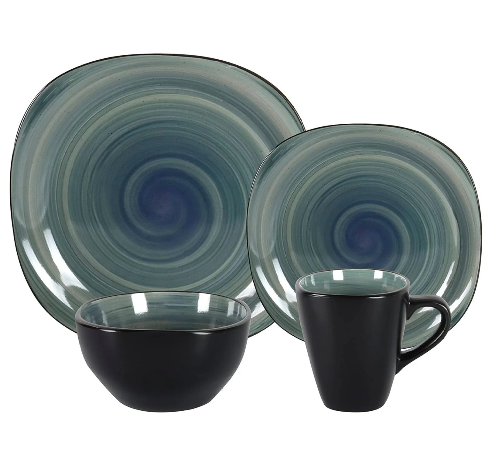 Stoneware Square 16pc Dinnerware Set, Inside Spinwash Swirl Orange + Outside Black