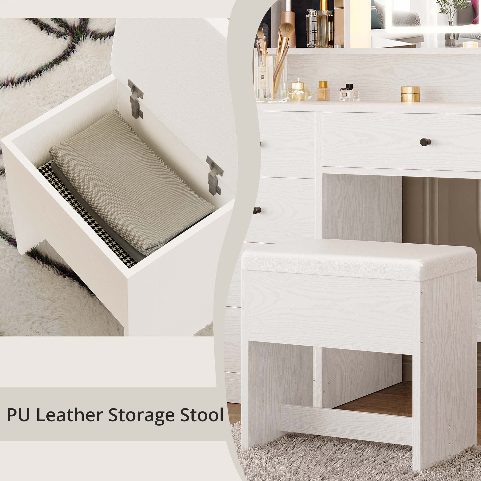 IRONCK White Vanity Set with Mirror and Lights, Makeup Vanity Desk with 5 Drawers & 2 Cabinets & Charging Station
