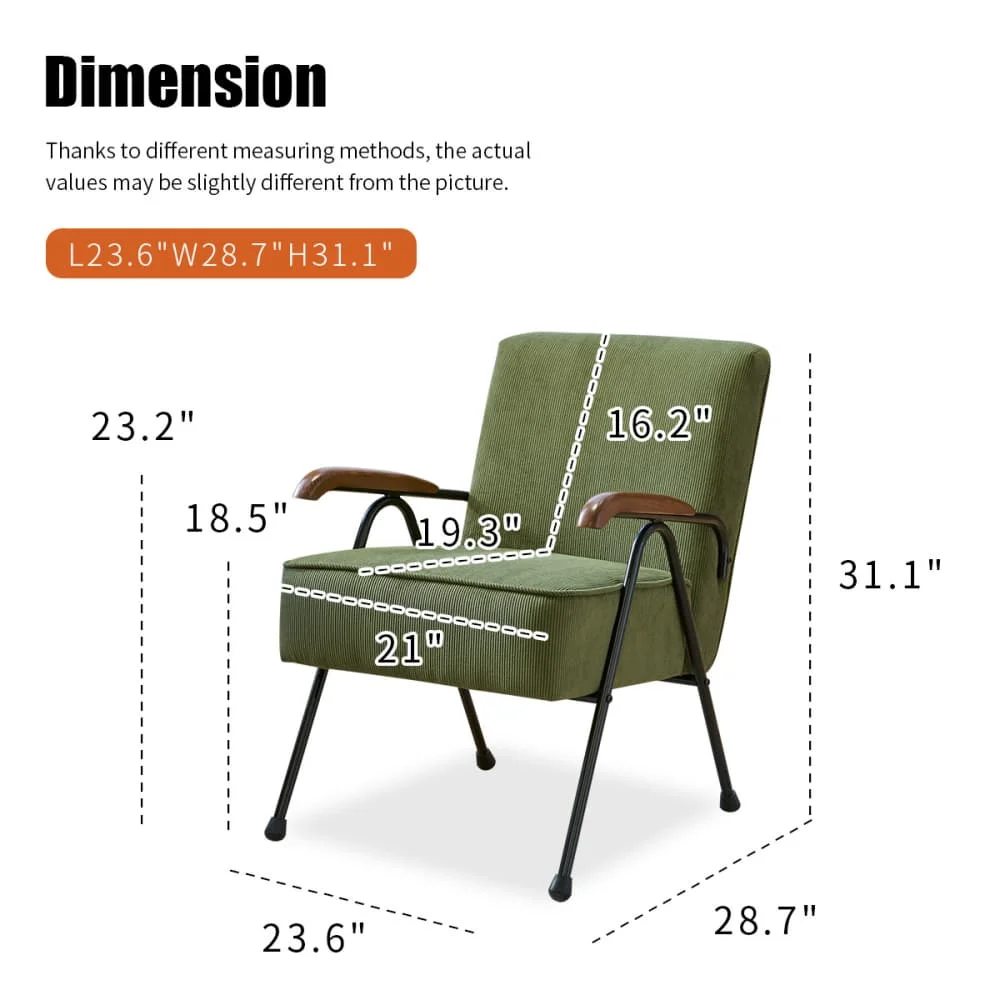 Tcbosik Modern Upholstered Armchair, Corduroy Fabric Accent Chair, Comfy Leisure Chair with Metal Legs, Single Sofa Chair for Living Room, Bedroom, Balcony, Easy Assembly, Green