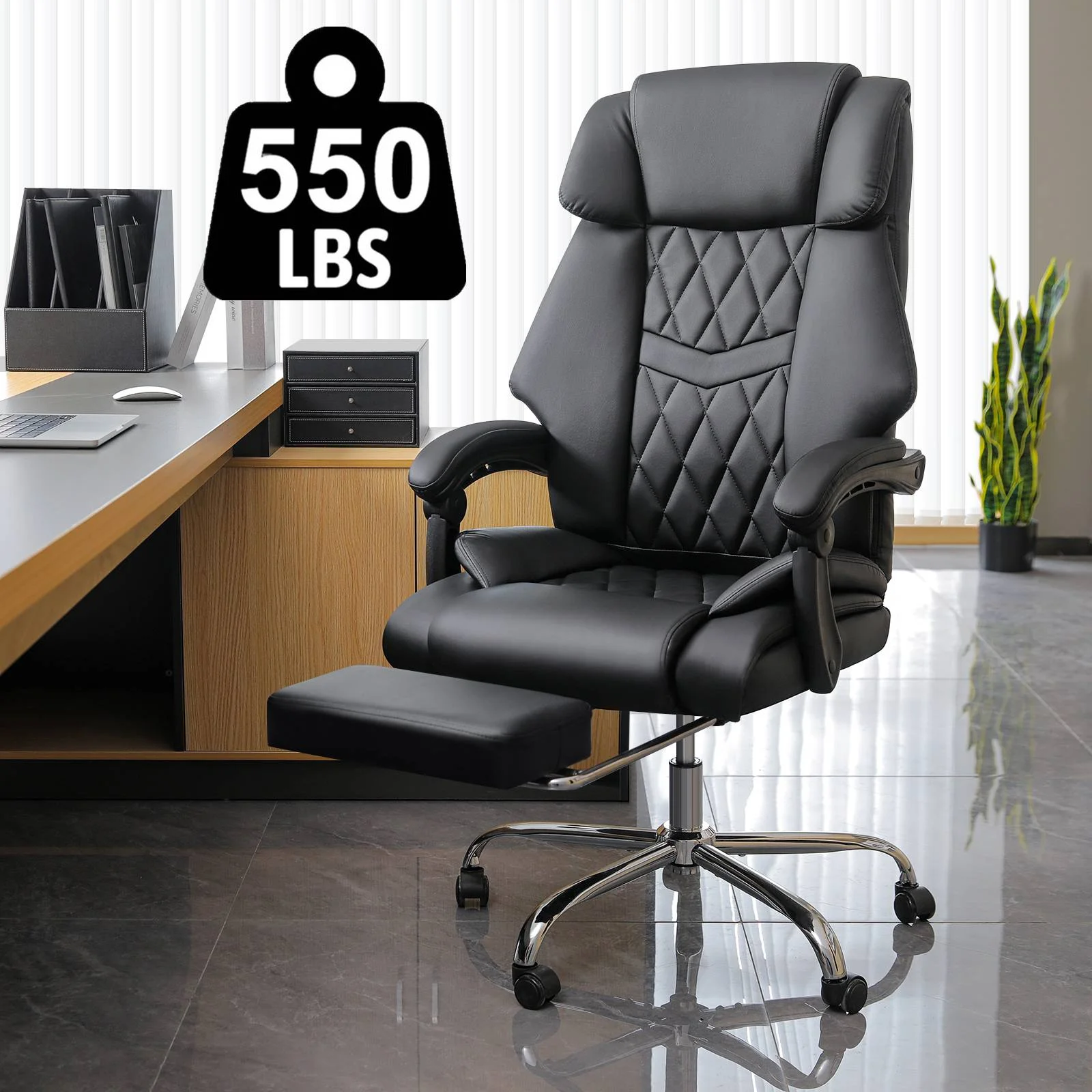 Hoffree Executive Office Chair Big and Tall Office Chair 550lb Wide Seat Ergonomic Computer Desk Chair High Back Leather Chair with Lumbar Back Support for Home Office Black