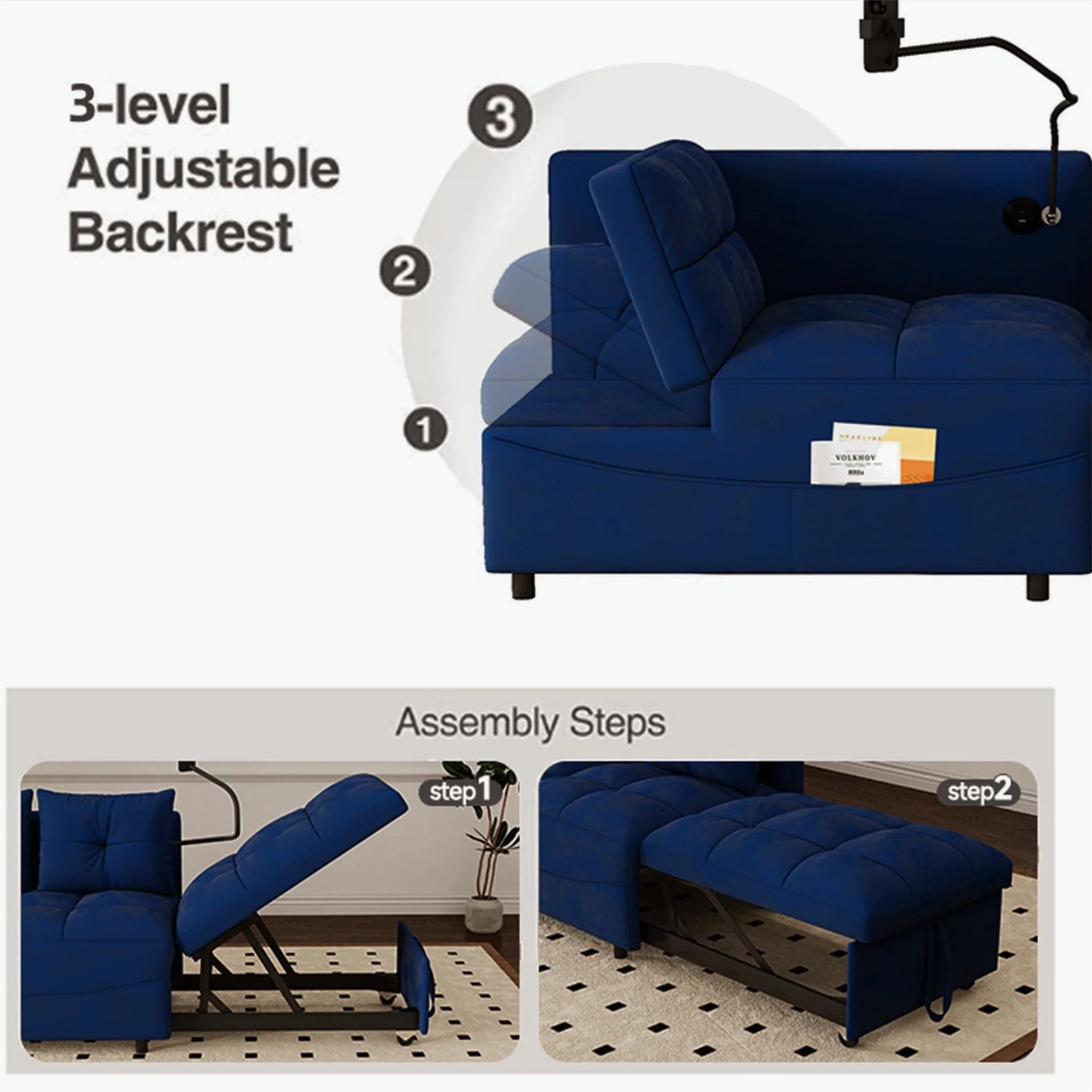 Aukfa 4 in 1 Chaise Futon Convertible Sleeper Chair Bed, 2 USB Port&Pillows, Velvet, Blue