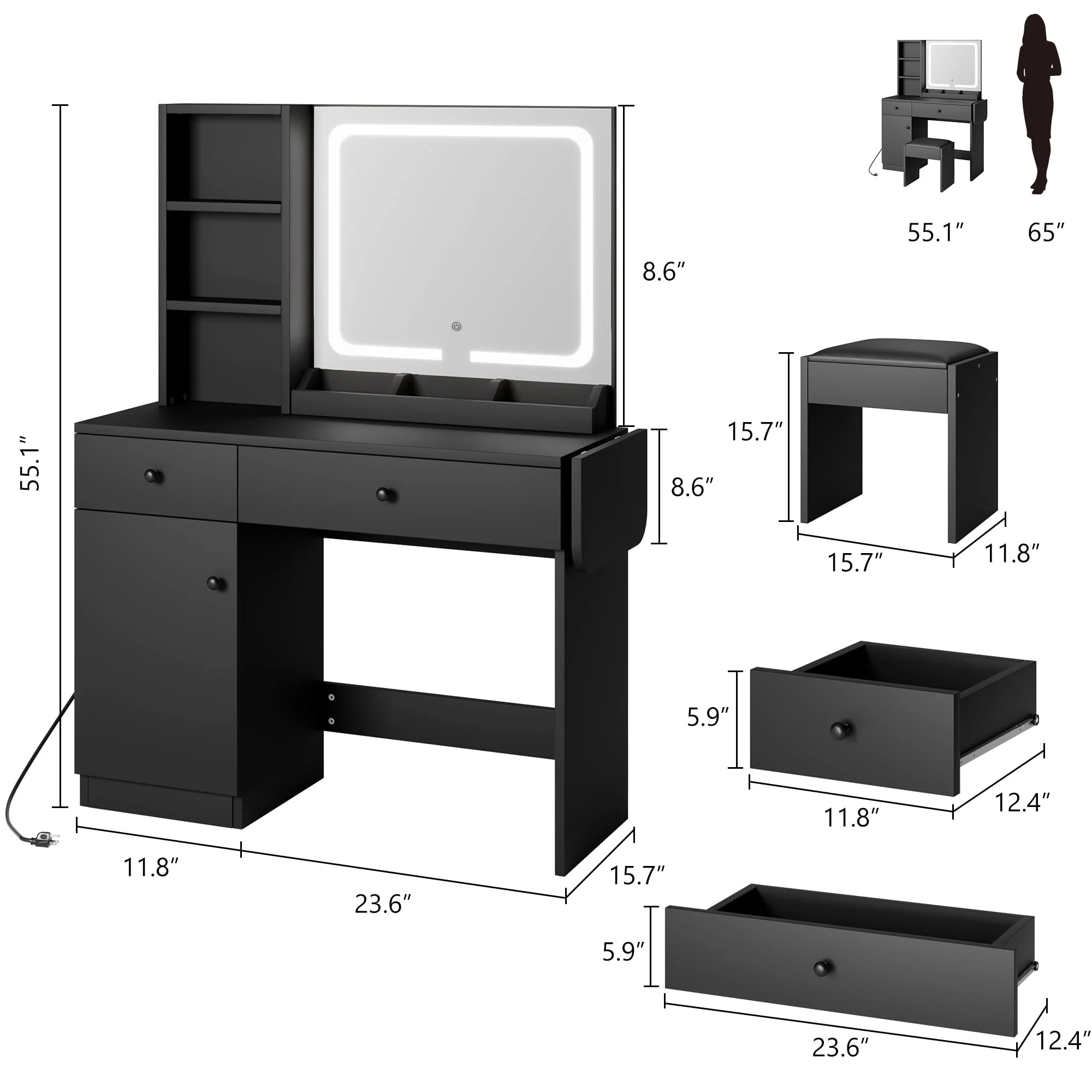 DSstyles Brown/Black/White Vanity Desk with LED Lighted Mirror & Power Outlet, Makeup Vanity with Drawers & Cabinet & Chair, Vanity Table Set for Bedroom