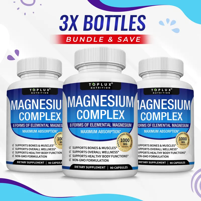 Magnesium Complex Formula: 8 Essential Forms of Magnesium - 3-Pack Set for Bone, Muscle, Recovery, and Energy Support; Vegan Formula
