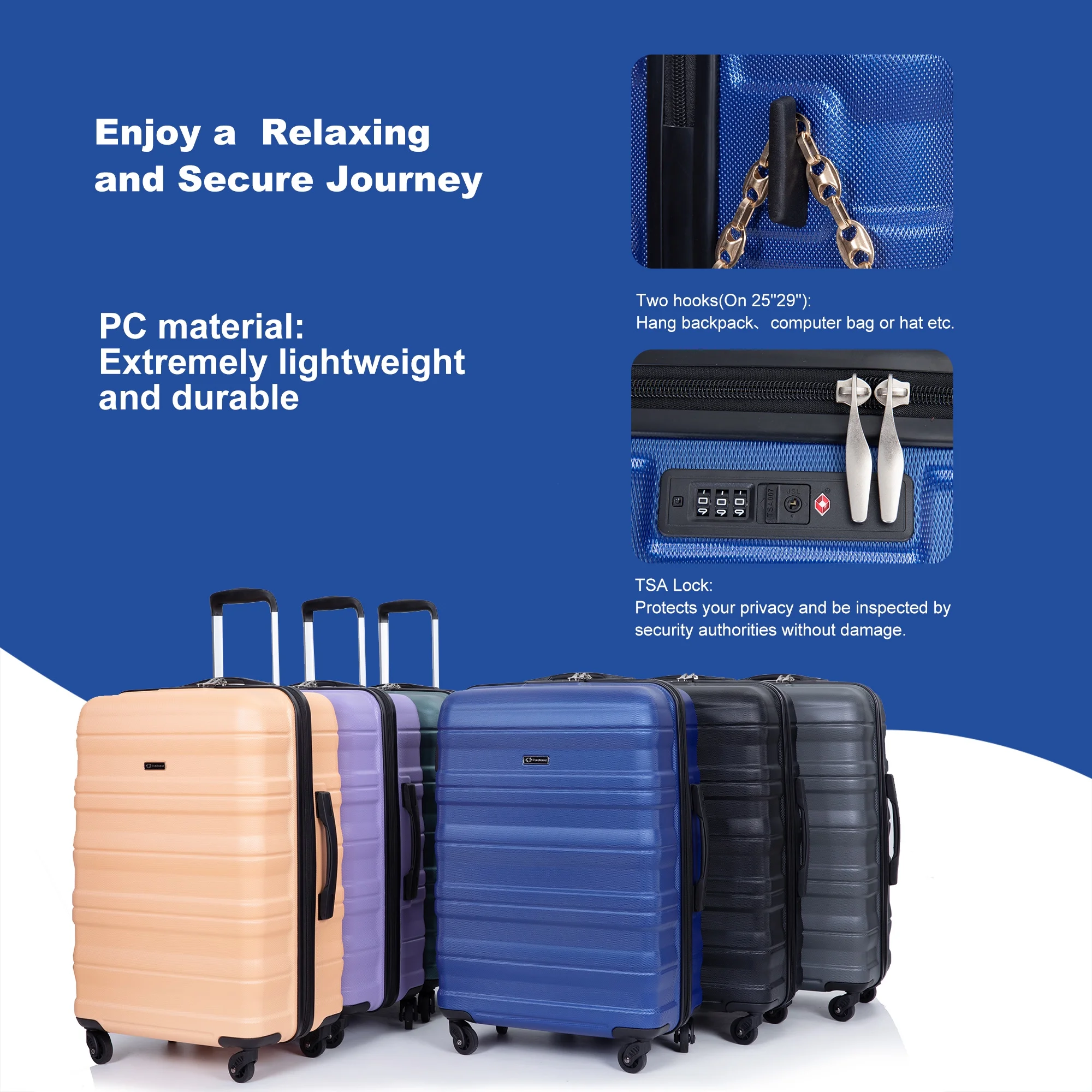 PAPROOS Hardside Luggage Set, 3 Piece 21in 25in 29in Carry on Suitcases Set with 2 Hooks and TSA Lock, Modern Lightweight Luggage Set, Hardshell Expandable Suitcase Set for Family Travel, Black
