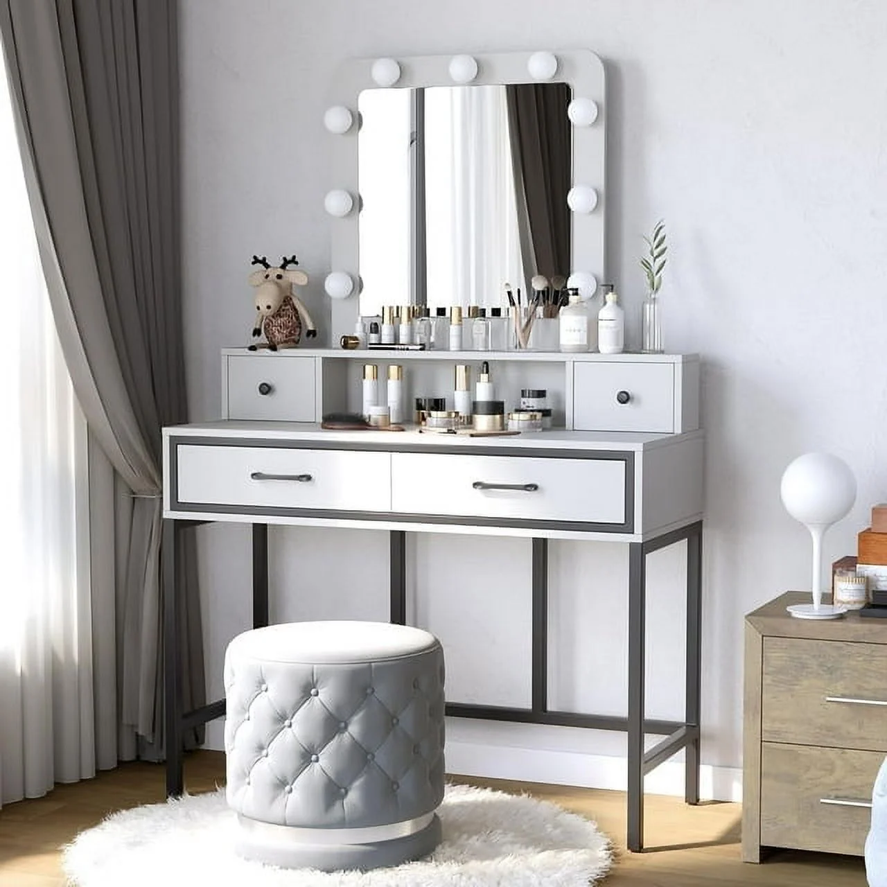 Heynemo Makeup Vanity with 3 Color Dimmable Lighted Hollywood Mirror, Vanity Table with 4 Drawers for Women Girls, Dressing Desk for Bedroom, Beauty Room, Brown