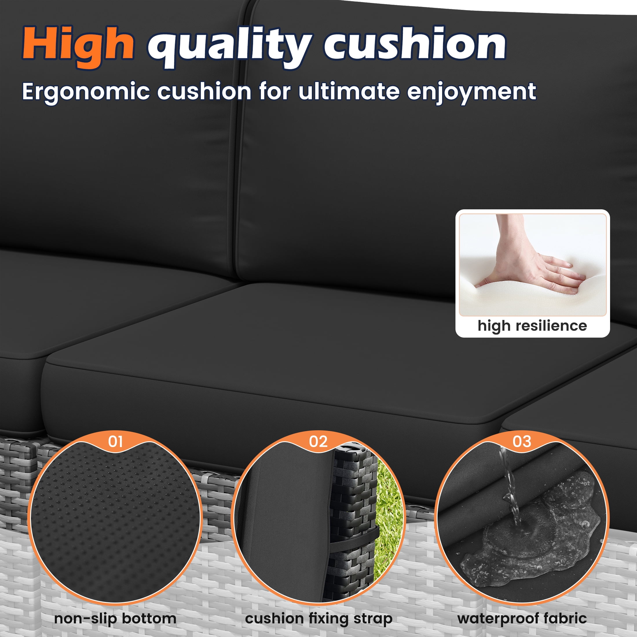 Poteban Patio Furniture Set 6 PCS Outdoor Sectional Conversation Sets Featuring Widen Wicker Armrests and High Back, Black (Waterproof Covers Included)