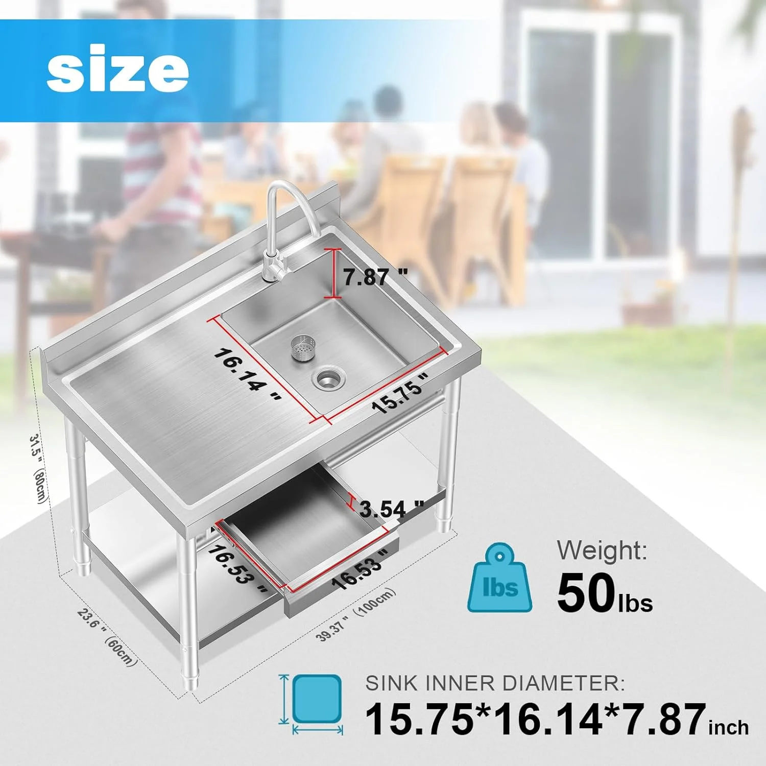 Stainless Steel Utility Sink Freestanding Single Bowl Laundry Sink with Workbench Drawers